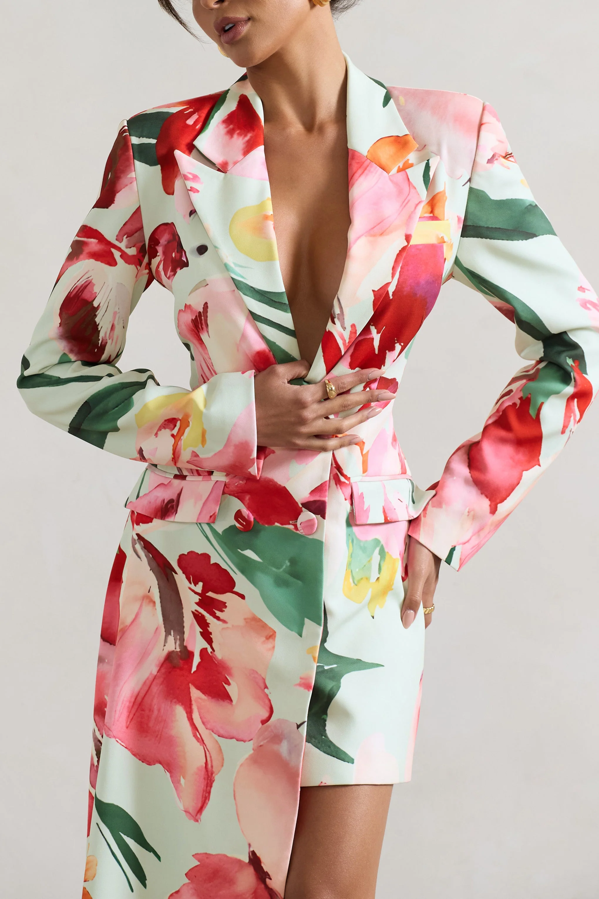 Mint Floral Tailored Blazer Mini Dress With Asymmetric Hem