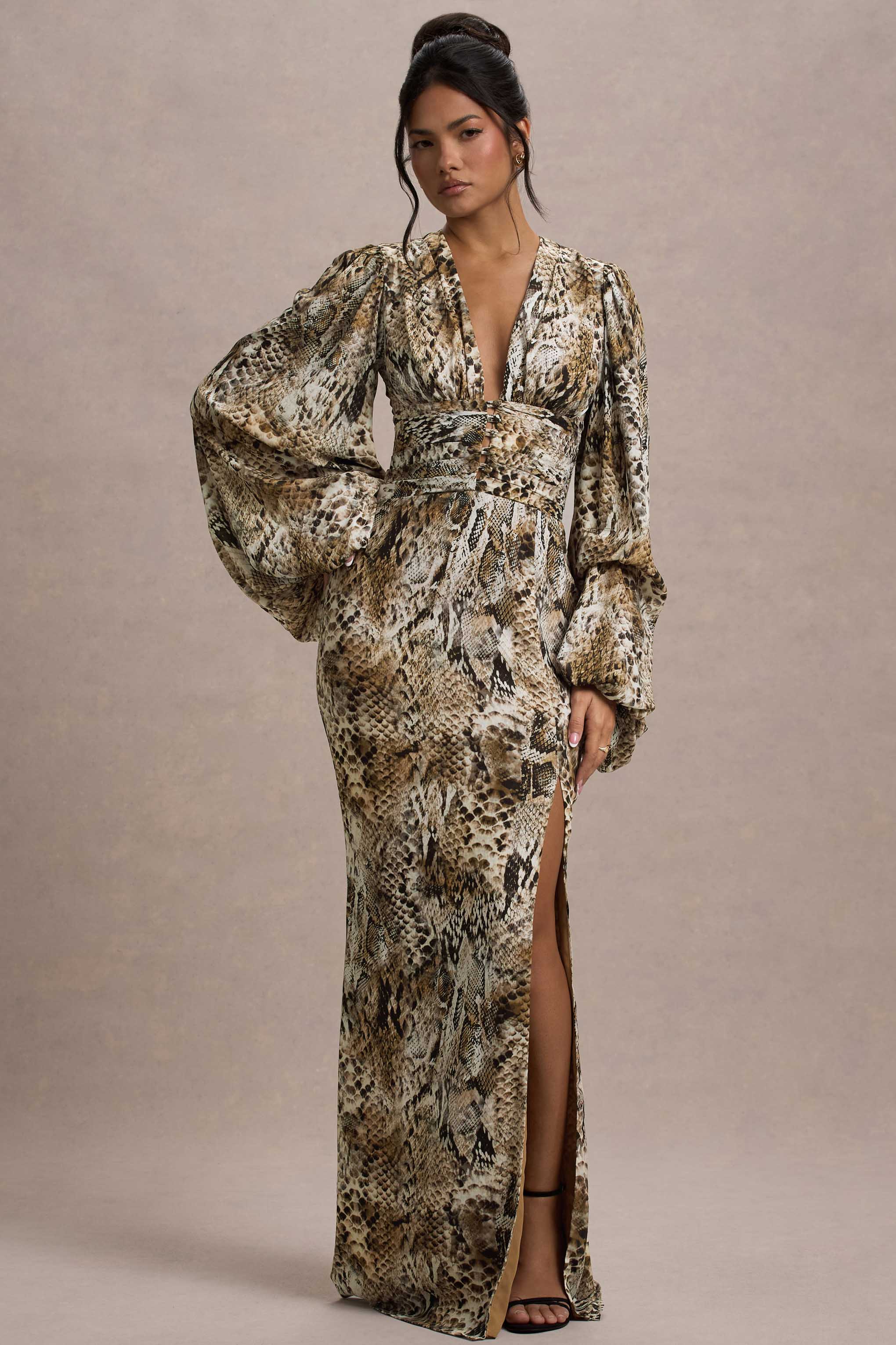 Snake Print V-Neck Balloon Sleeve Maxi Dress