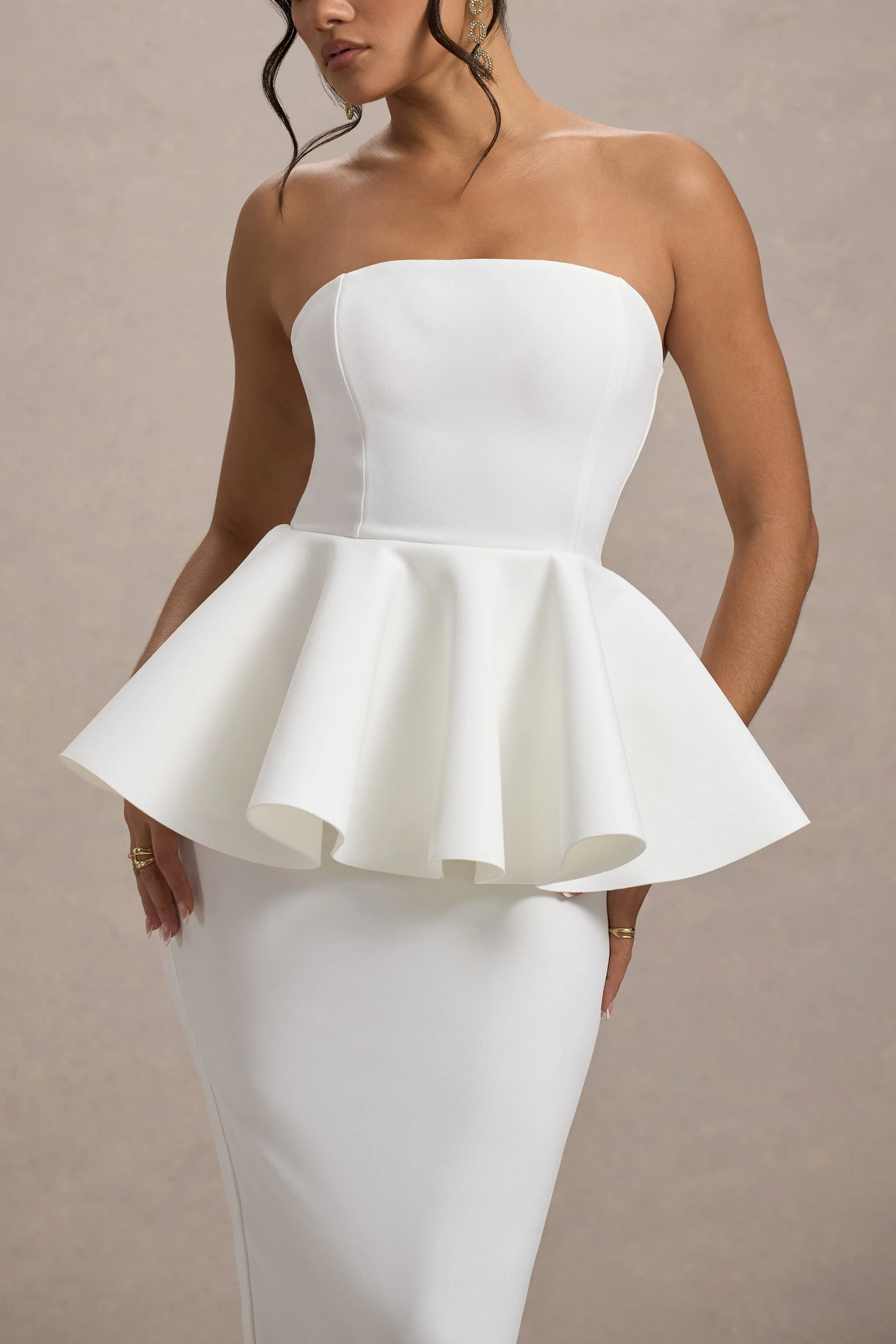 White Bandeau Peplum Midi Dress