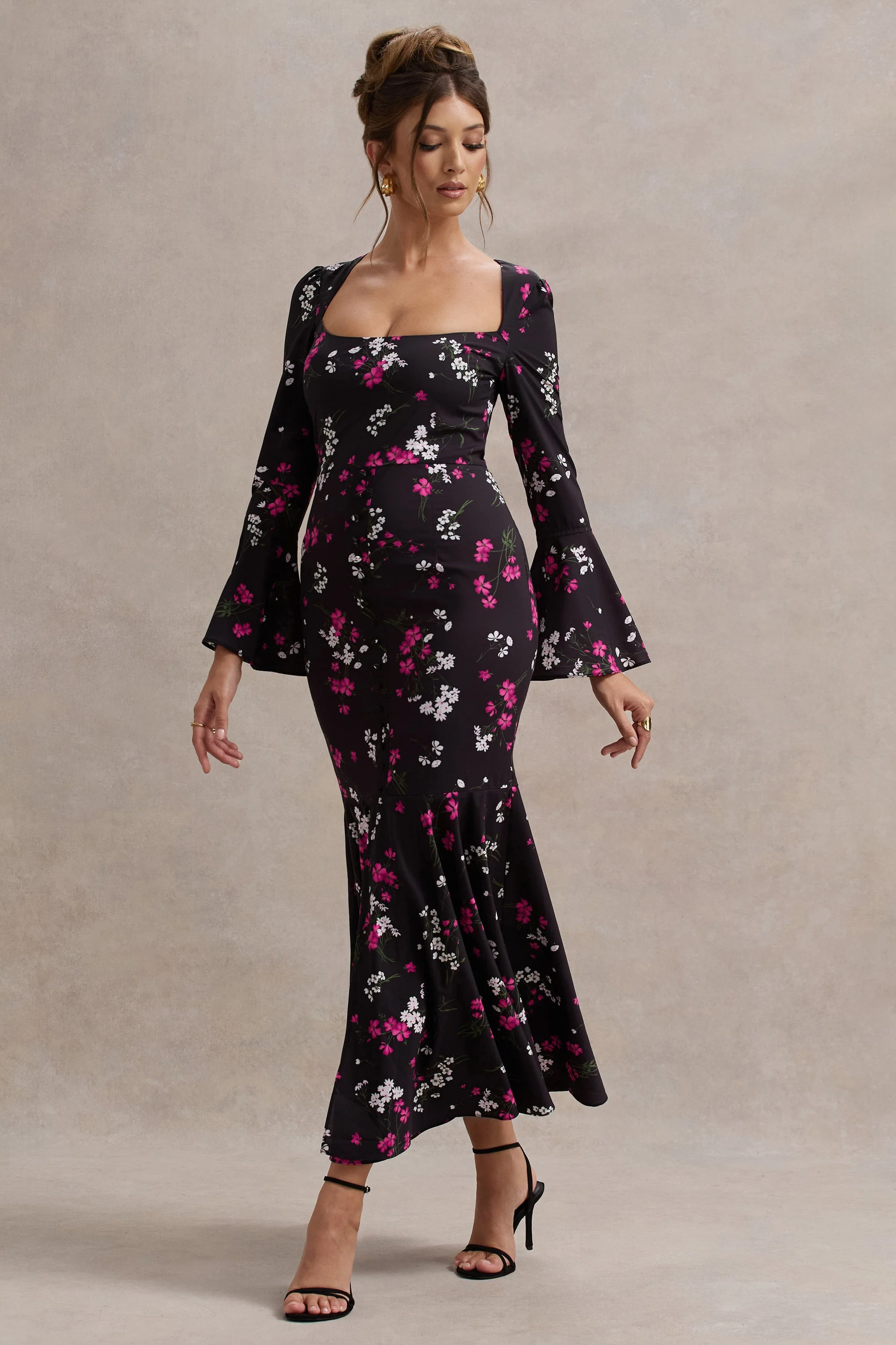 Black Ditsy Floral Print Chiffon Long-Sleeve Split Maxi Dress