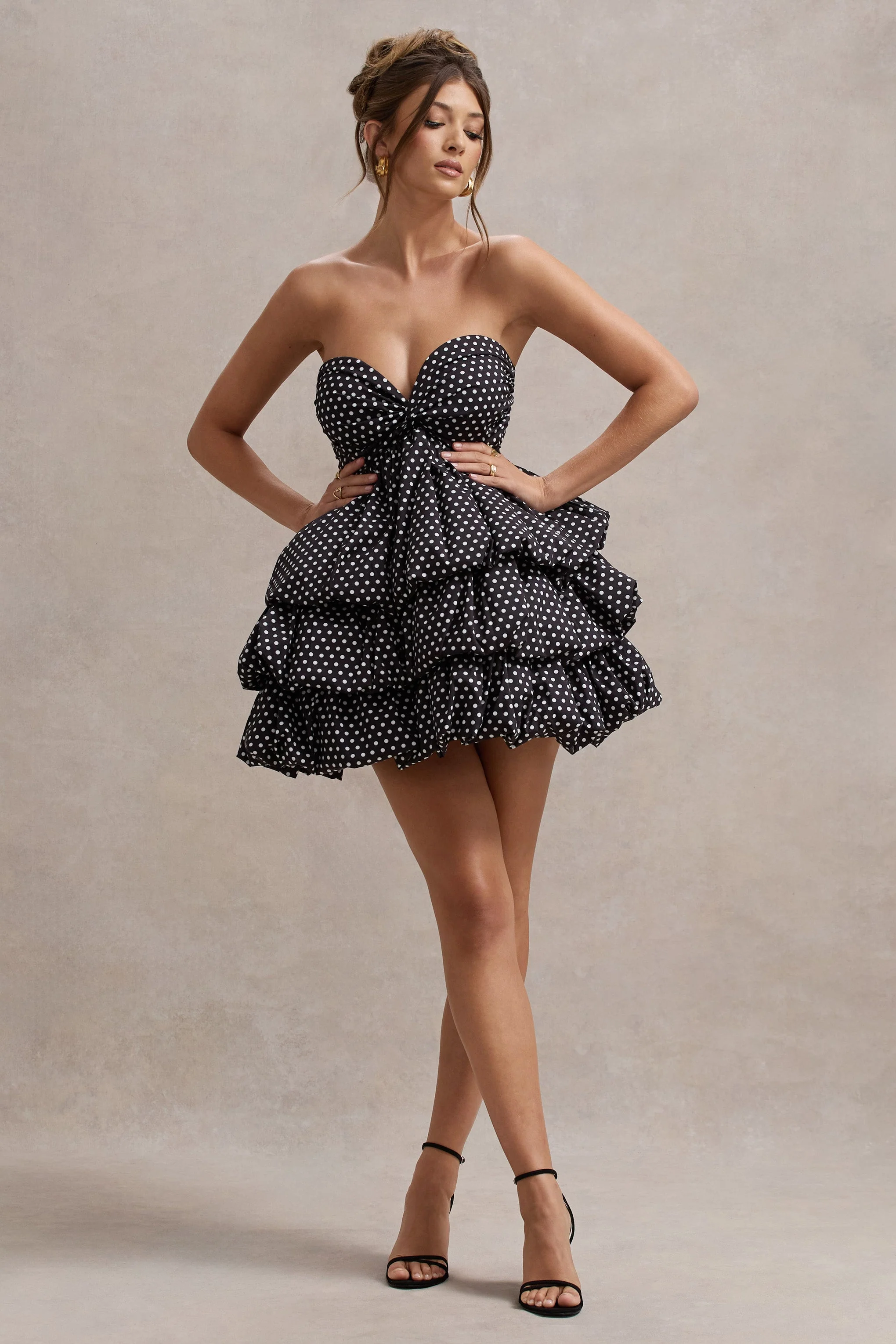 Black Polka Dot Strapless Ruffled Mini Dress