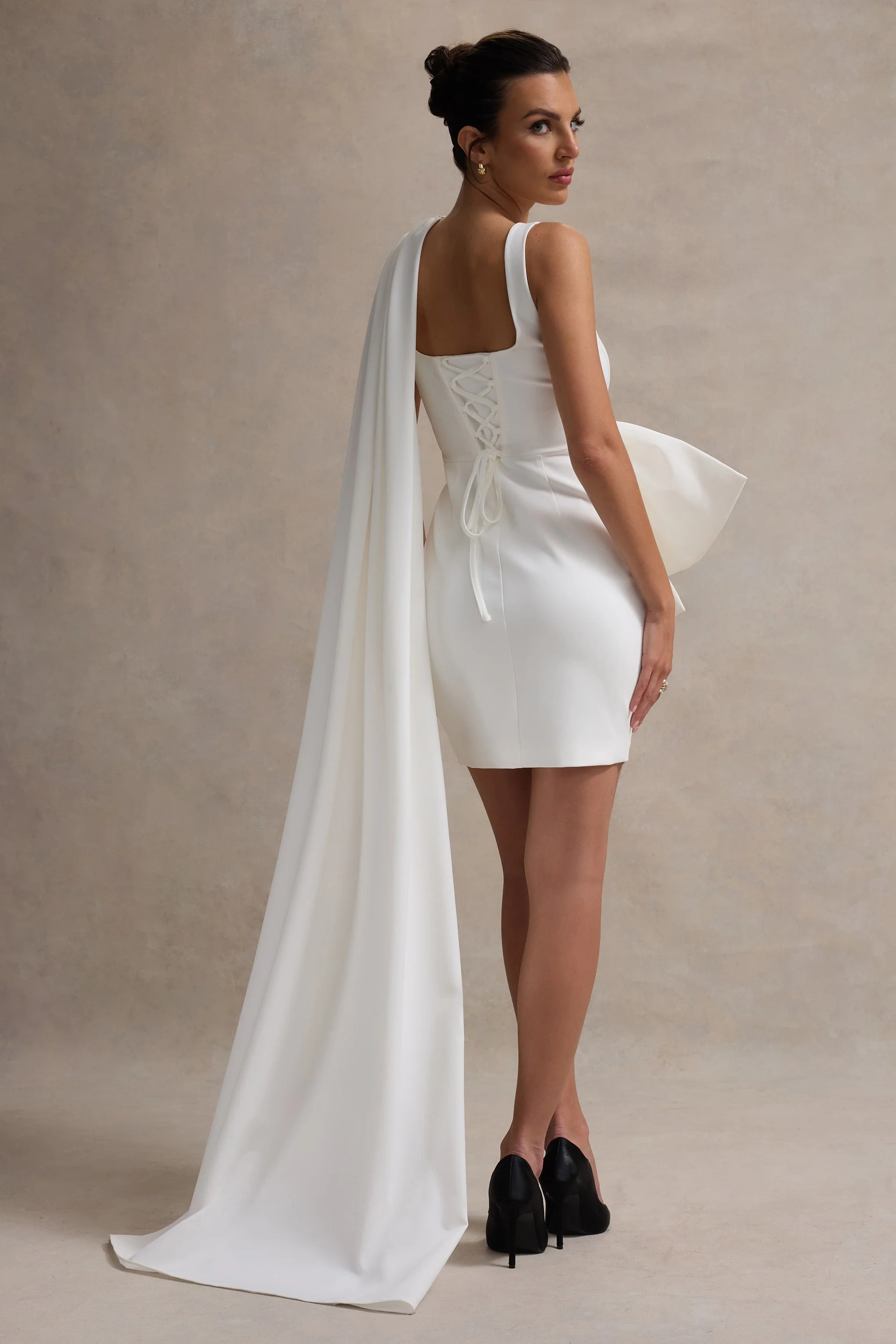 Cream Scoop-Neck Sash Mini Dress With Bow