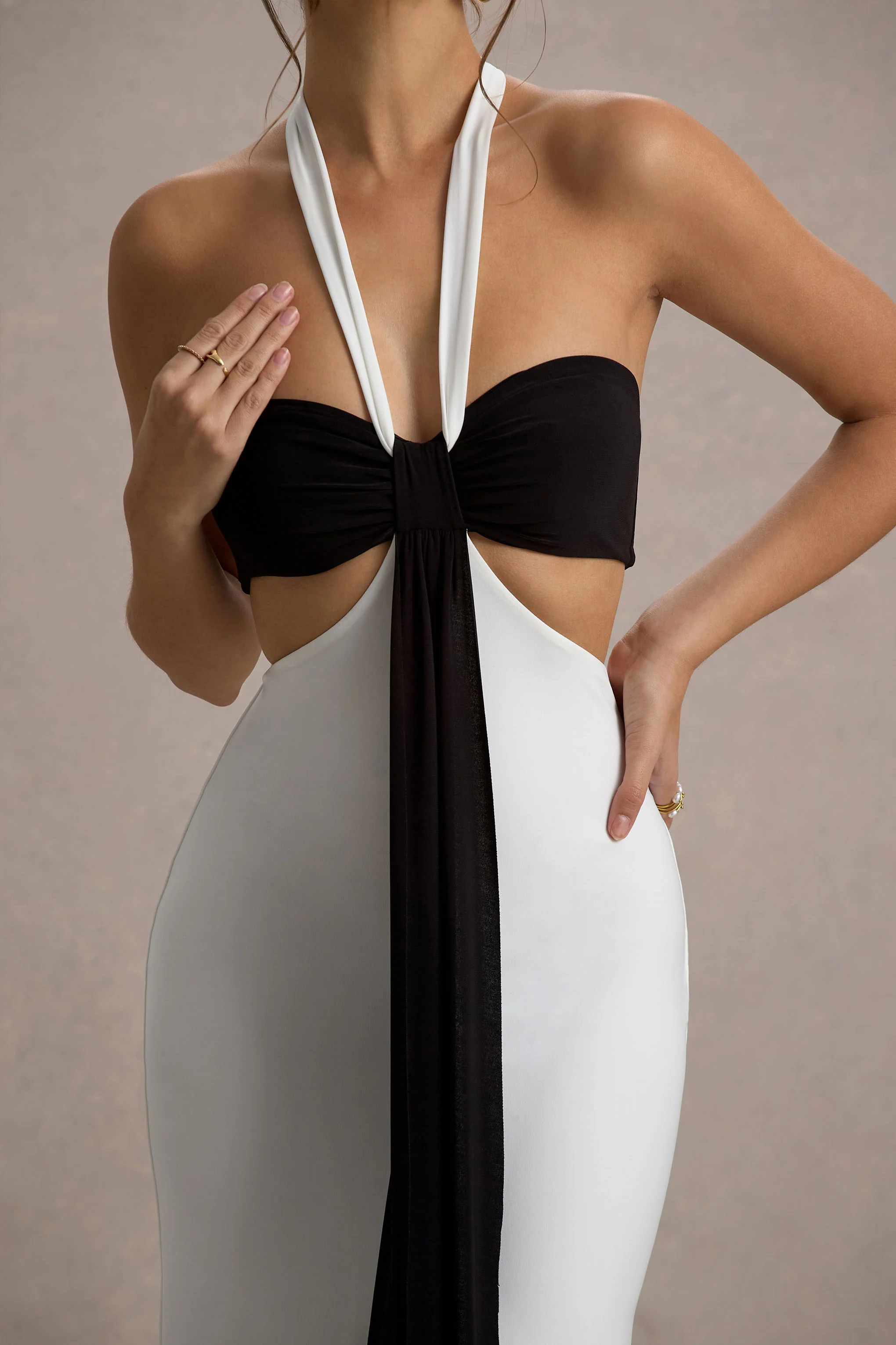 Black & White Halter-Neck Cut-Out Maxi Dress