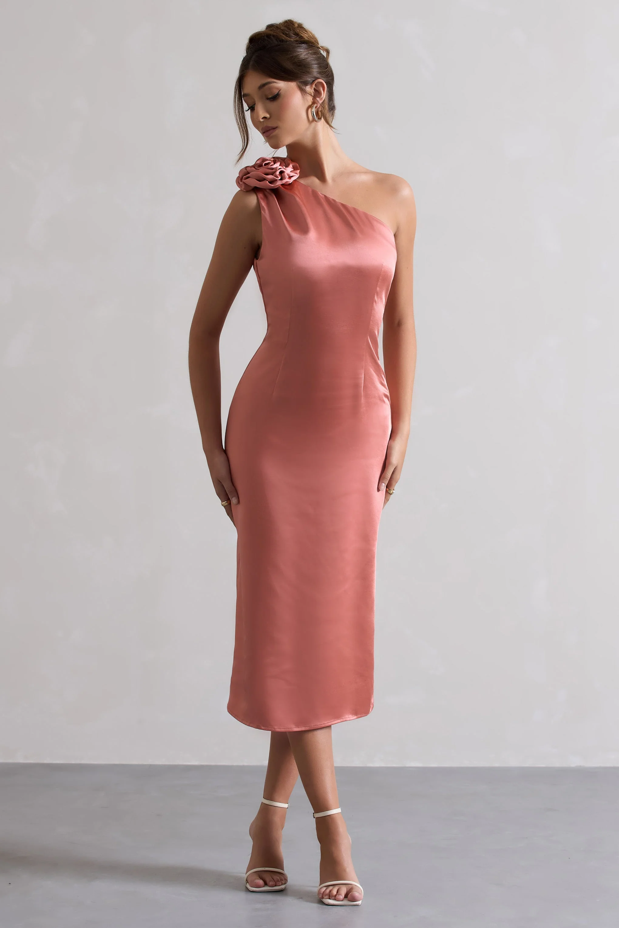 Coral Satin One Shoulder Midi Dress With Corsage