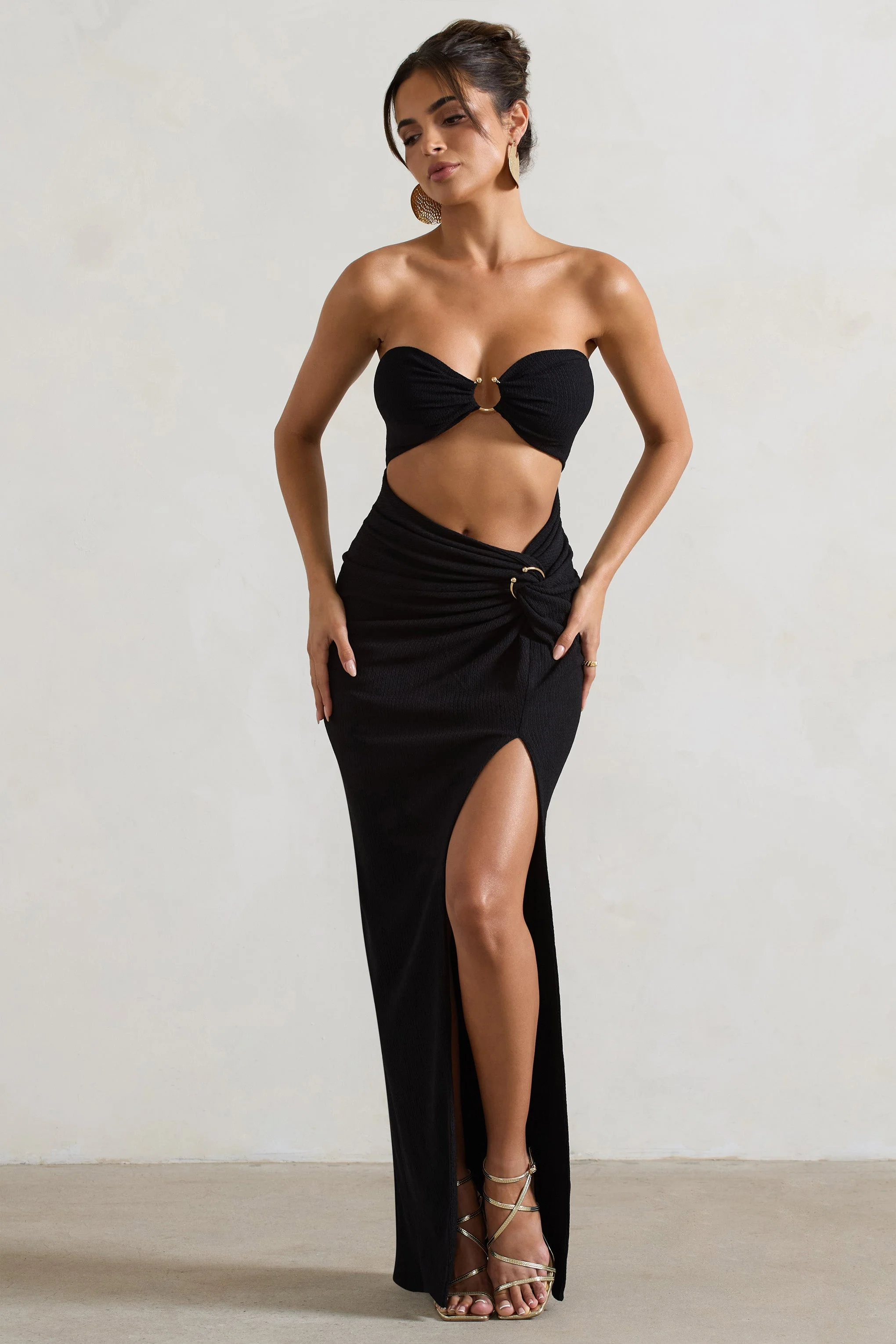 Black Crinkle Strapless Cut-Out Maxi Dress With Twist
