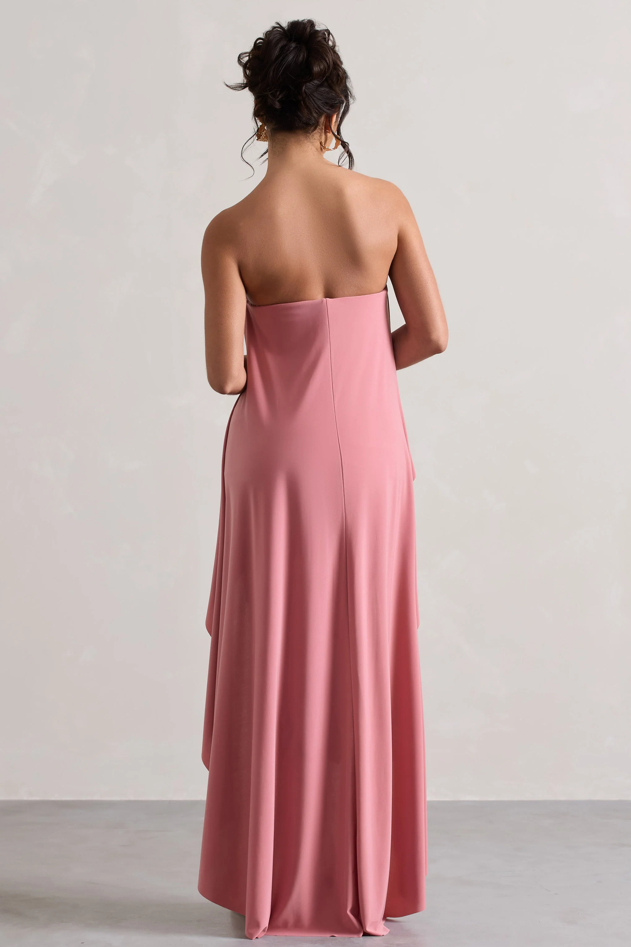 Blush Ruched Bandeau Midi Dress With Cape