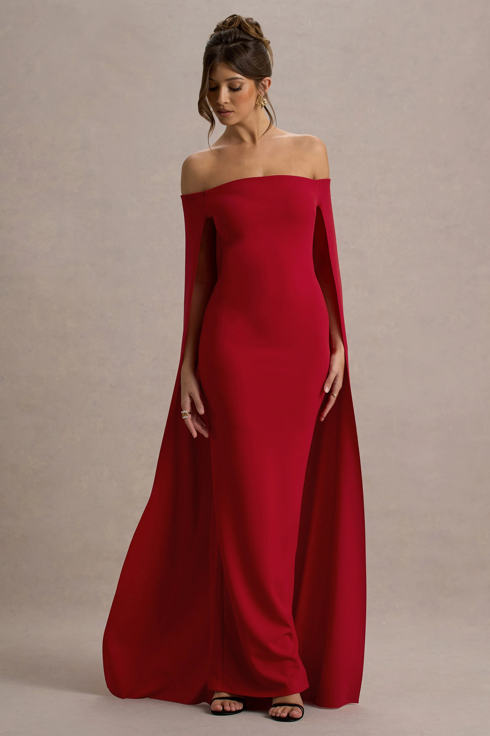 Red Bardot Cape Maxi Dress