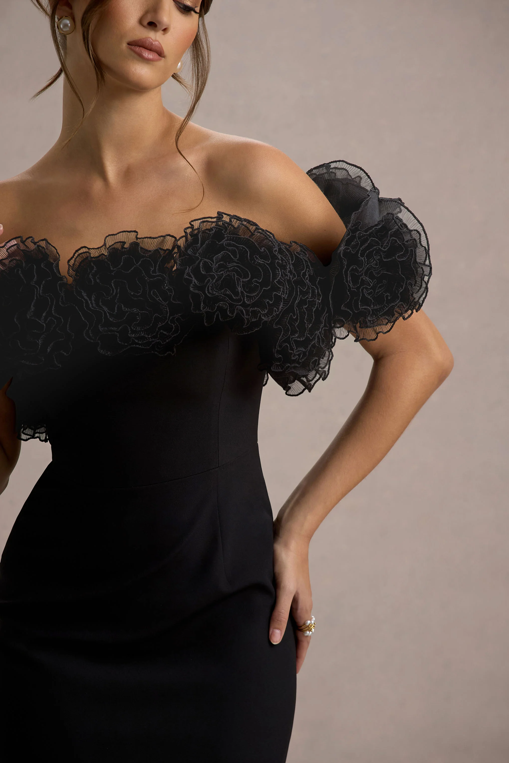 Black Bardot Midi Dress With Ruffle Trim