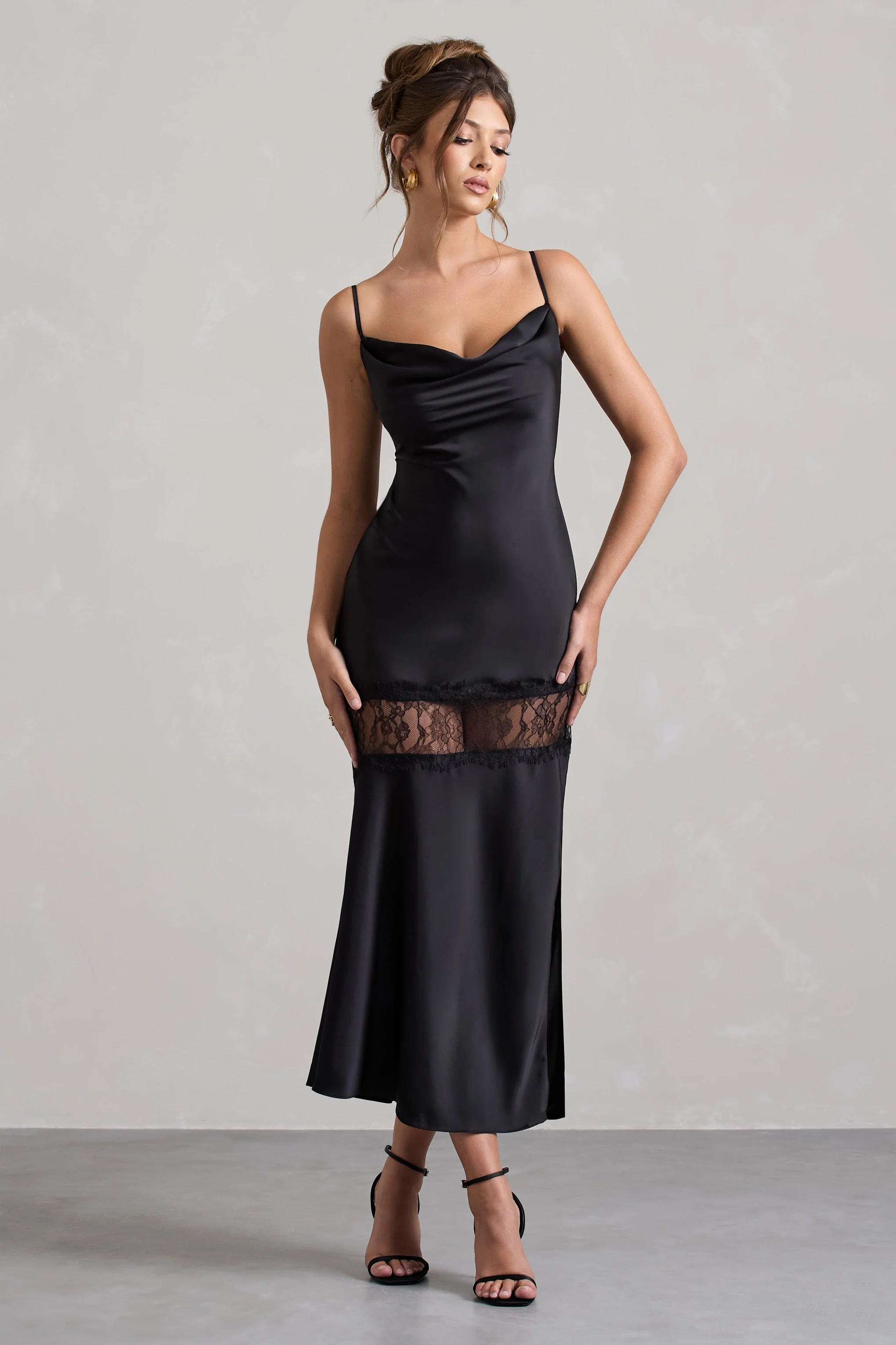 Black Satin Cowl-Neck Lace Trim Maxi Dress