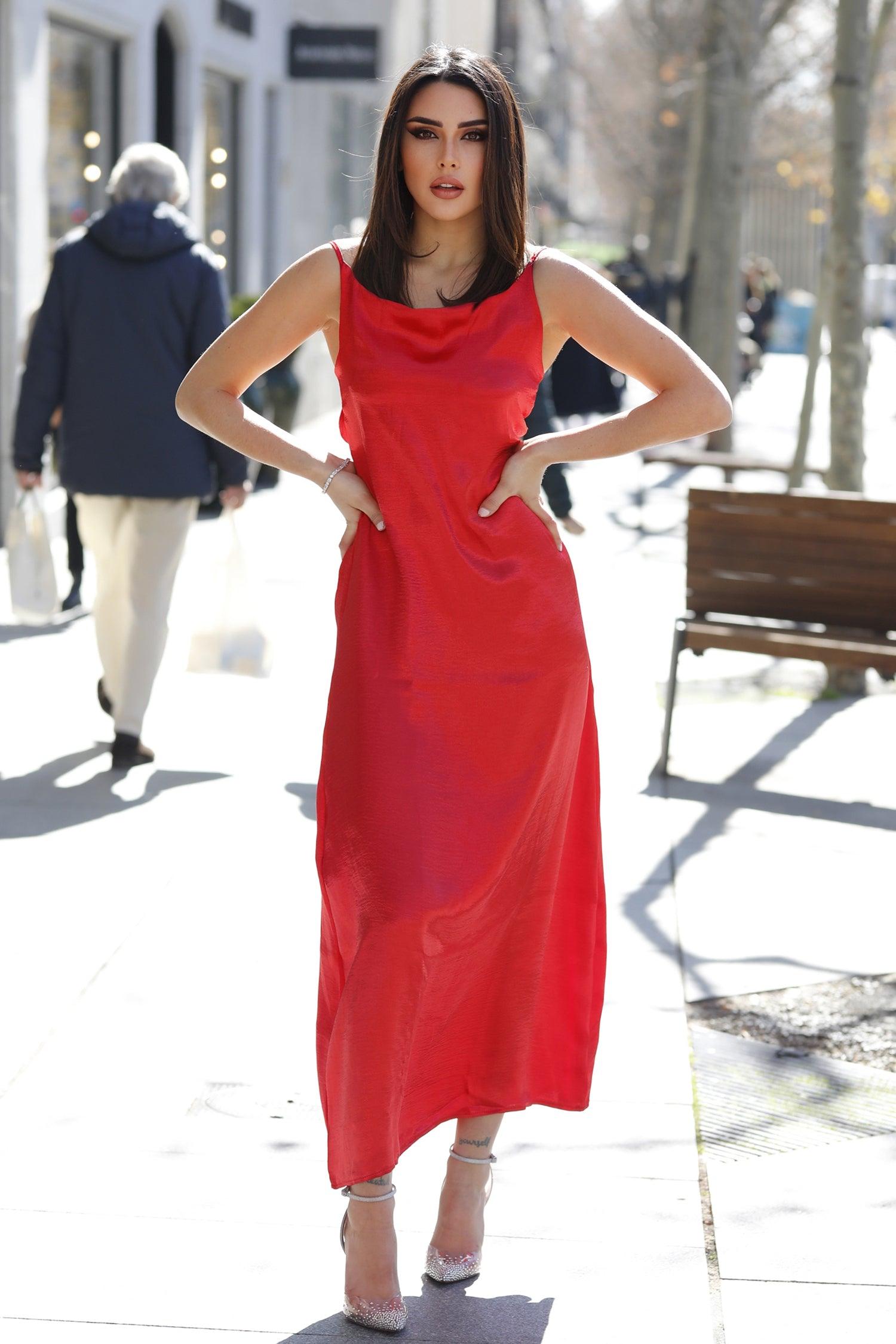 Strap Drape Satin Maxi Dress - Wine - Bellabarnett