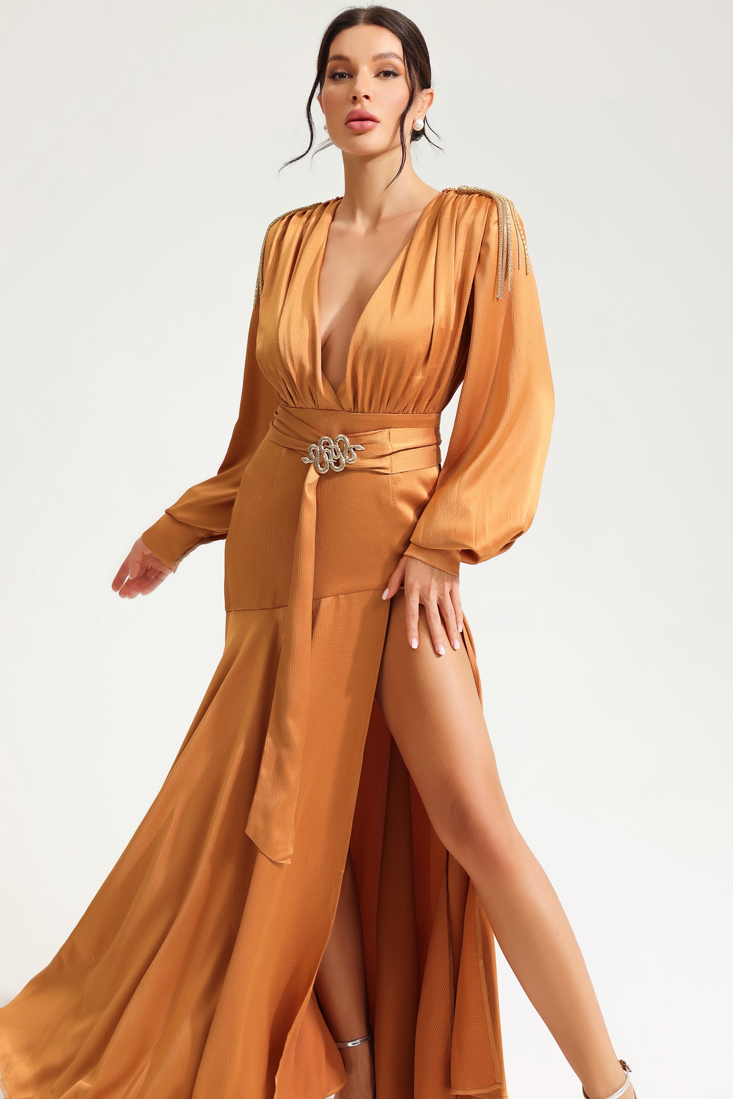 Lantern Sleeve V-Neck Slit Maxi Dress