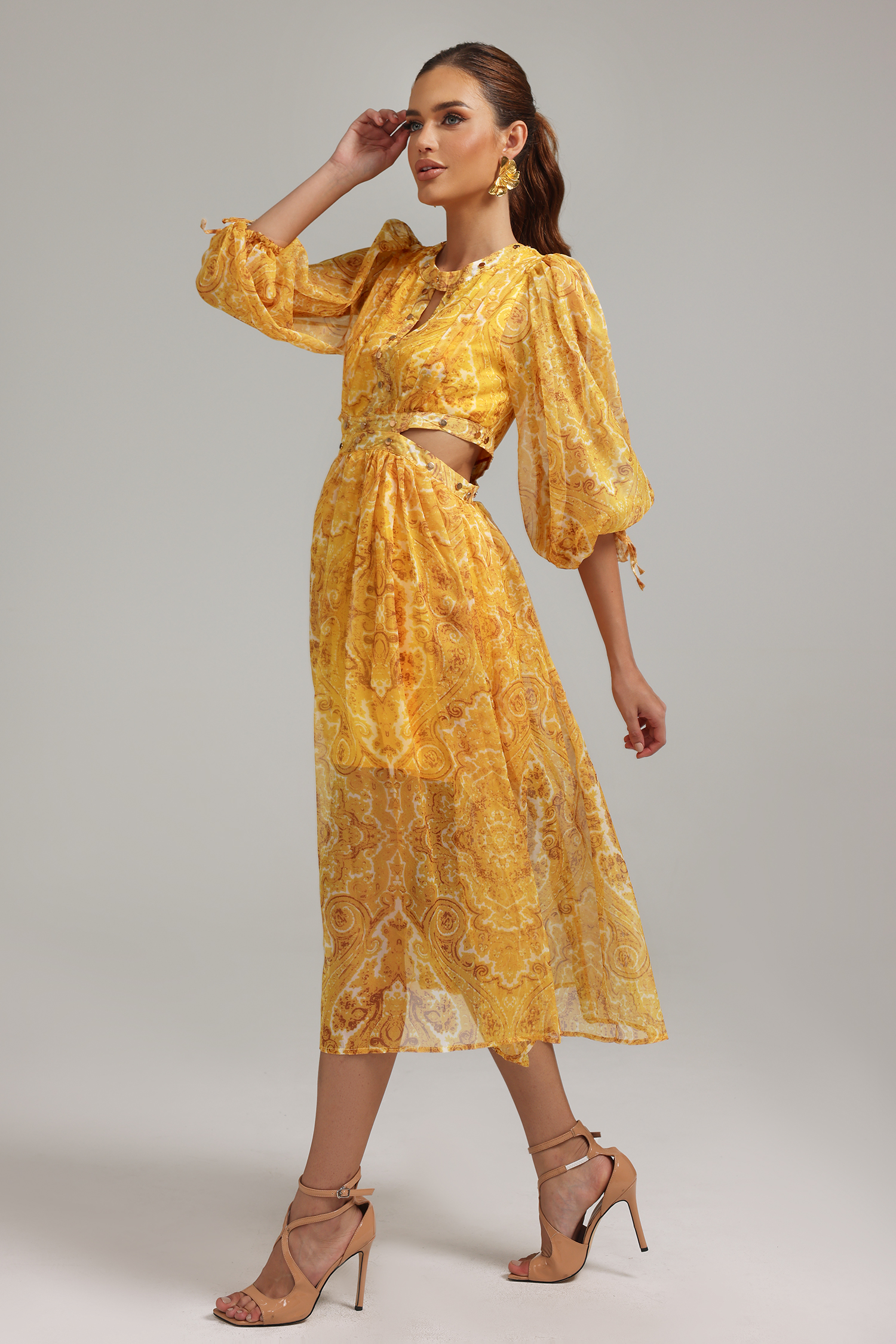 Matalin Cutout Lantern Sleeves Printed Dress