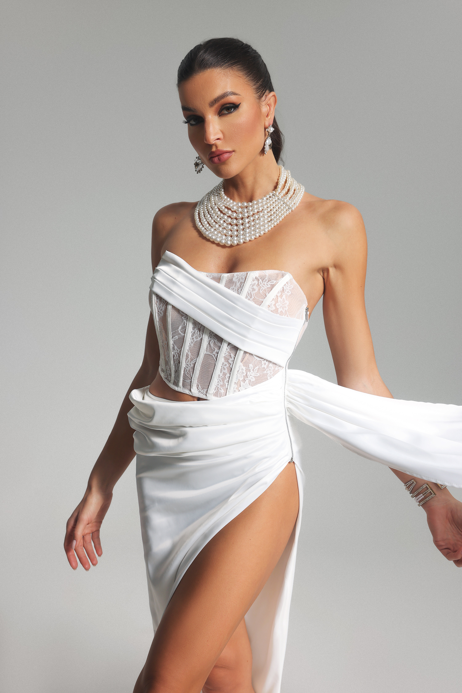 Lauren Strapless Corset Satin Maxi Dress-White