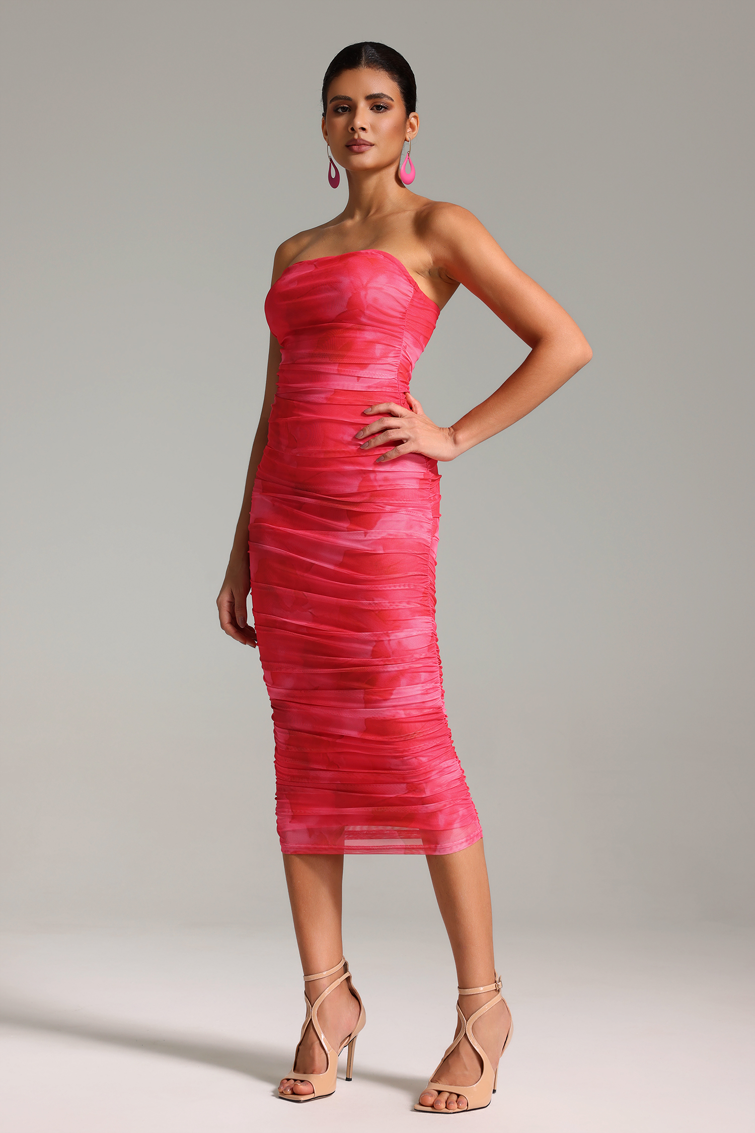 Loka Printed Mesh Ruched Midi Dress