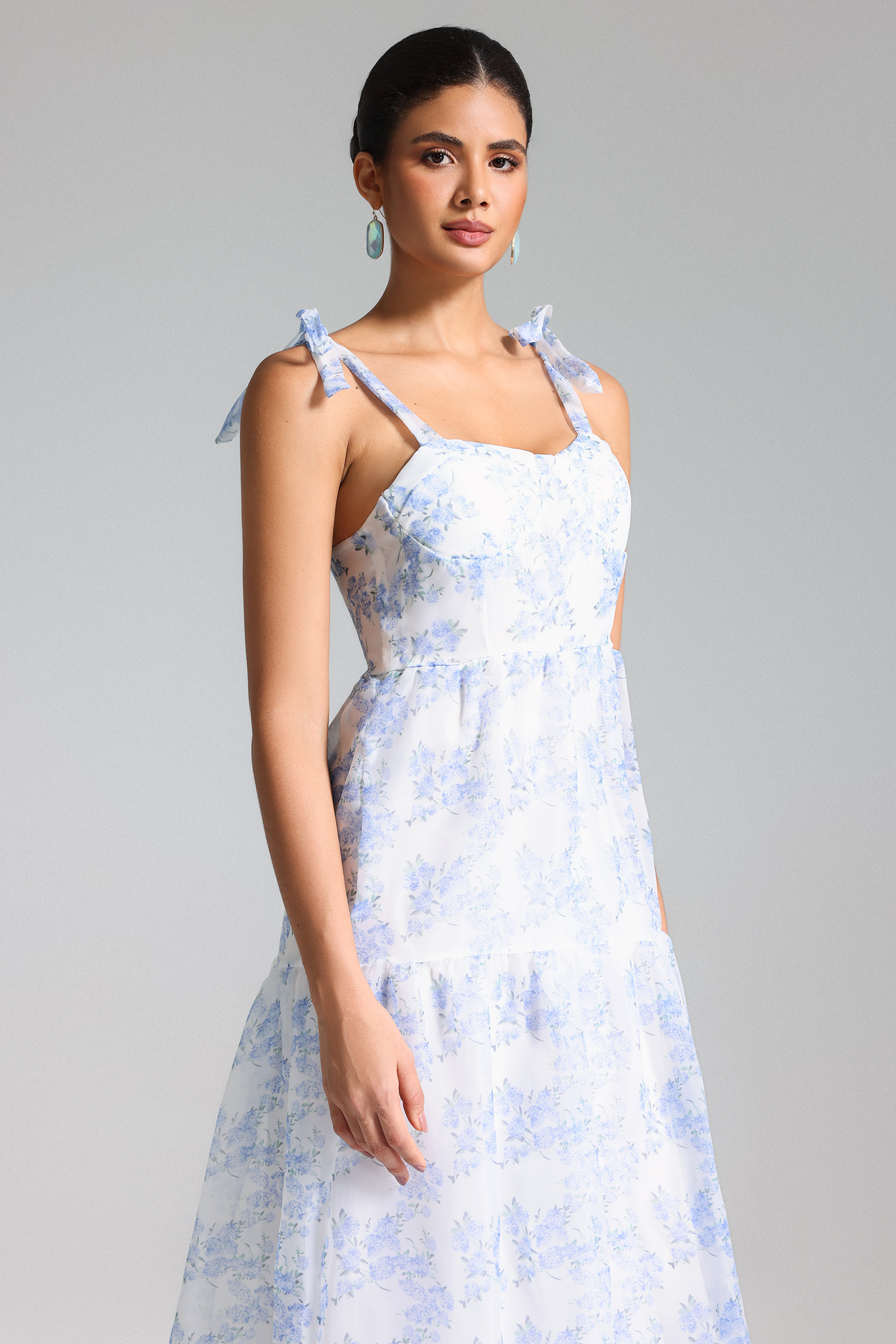 Kapol Flower Print Mesh Maxi Dress