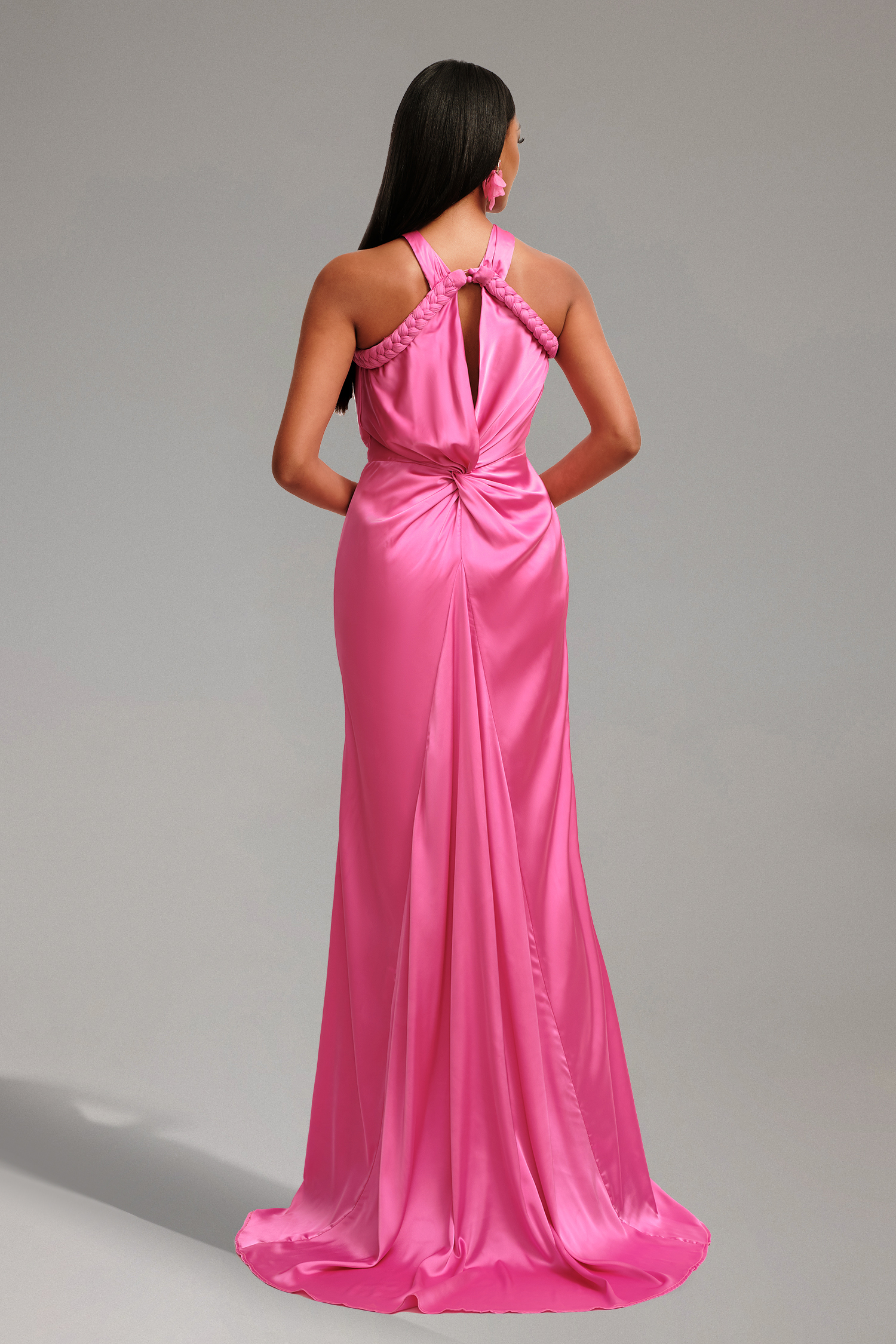 Vanya Woven Halter Cut Out Satin Maxi Dress - Pink