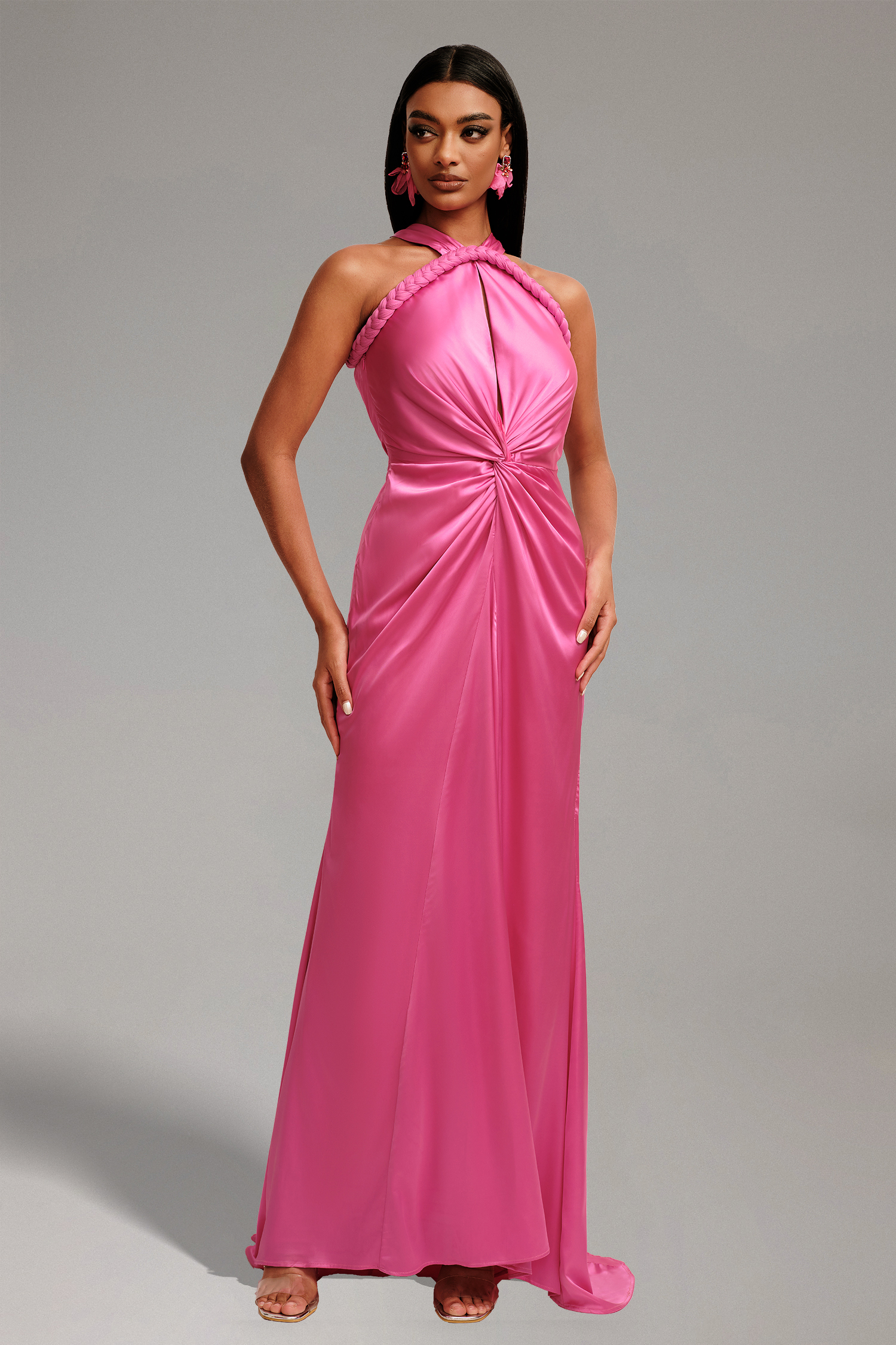 Vanya Woven Halter Cut Out Satin Maxi Dress - Pink