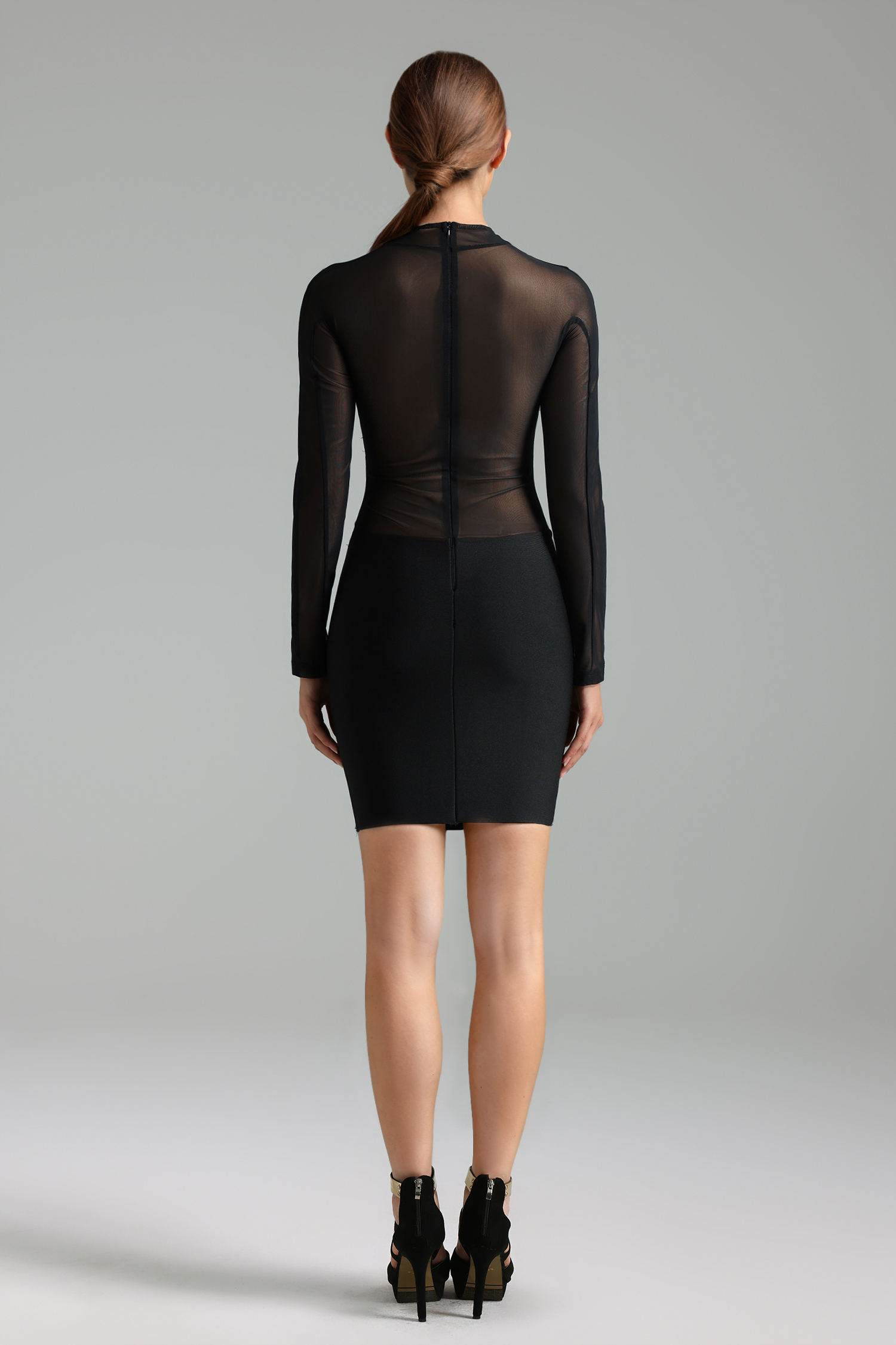 Stretchy High Neck Long Sleeves Netting Bandage Mini Dress