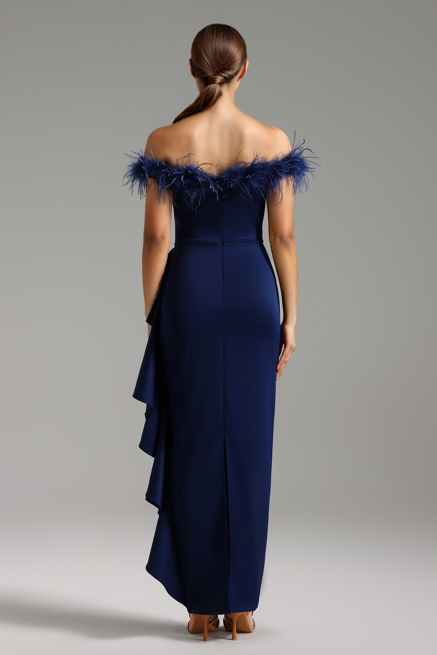 Sofia Off Shoulder Sleeveless Ruffled Feather Maxi Dress