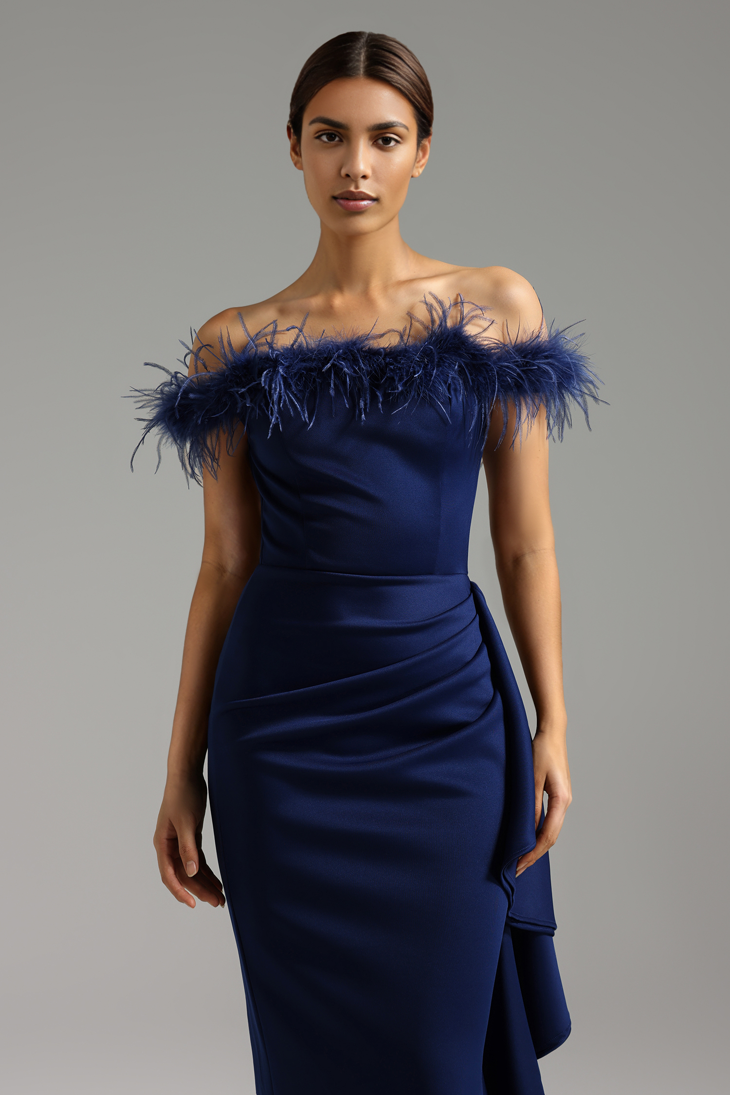 Sofia Off Shoulder Sleeveless Ruffled Feather Maxi Dress