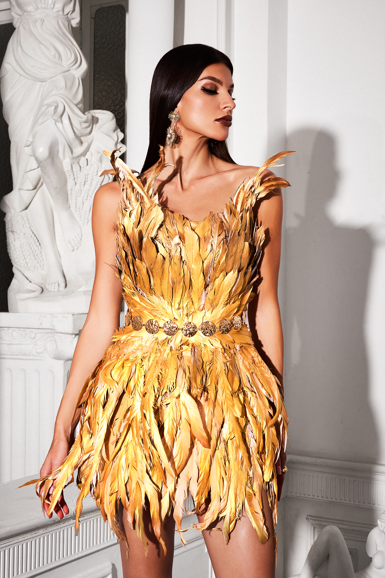 Karin Golden Artificial Feather Slim Mini Dress