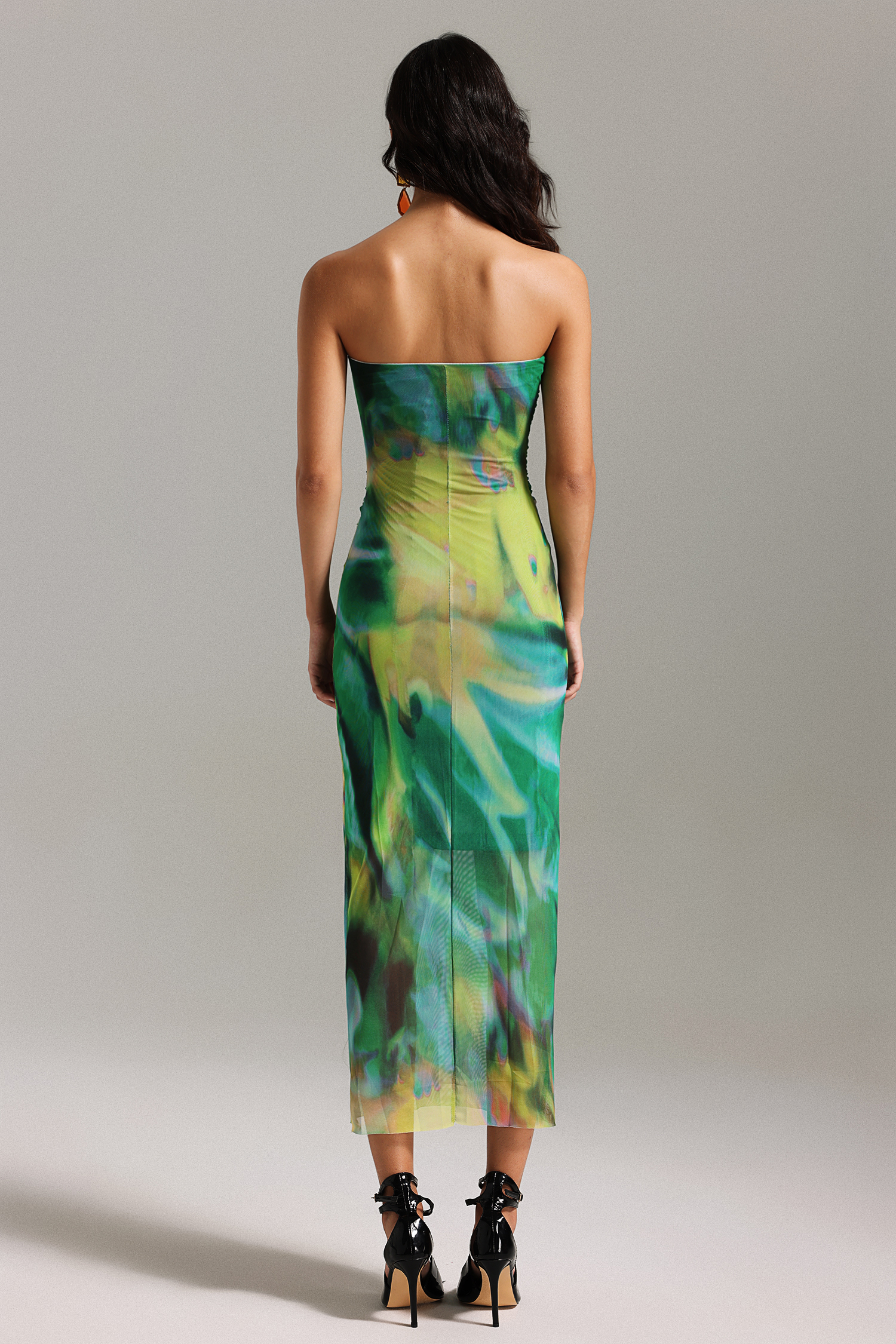 Kasa Tube Ruched Printed Mesh Dress