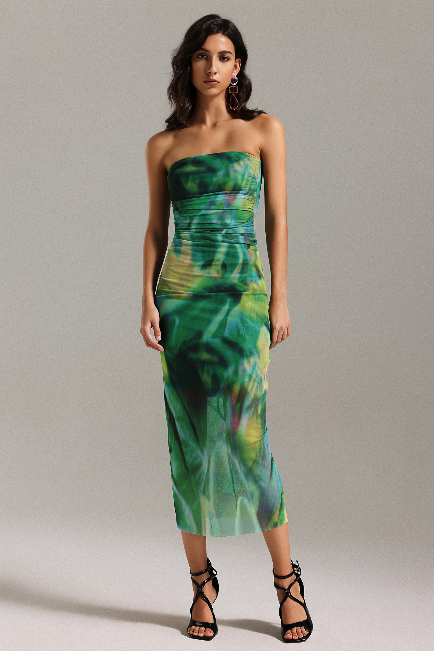 Kasa Tube Ruched Printed Mesh Dress