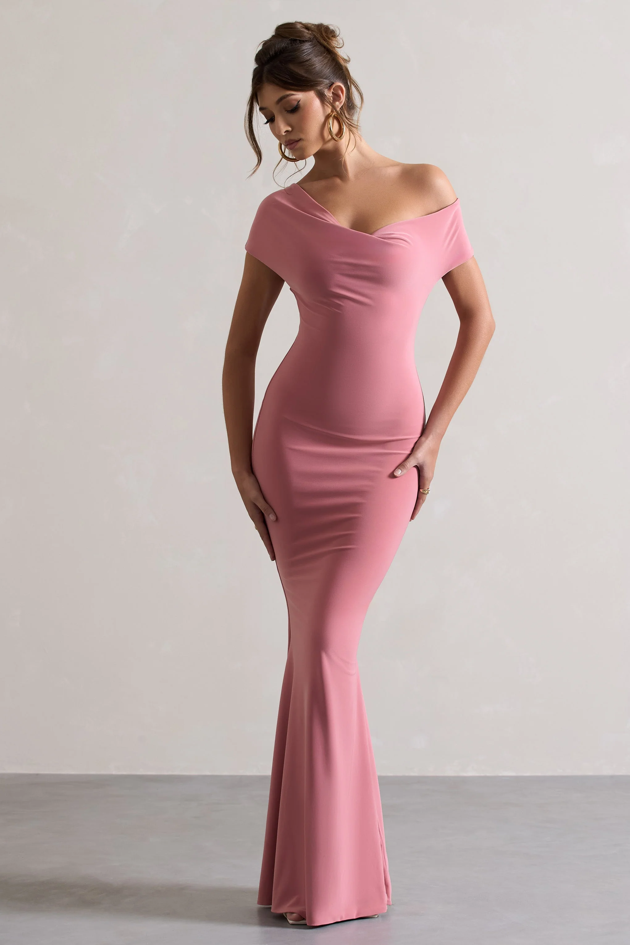 Blush Pink Asymmetric Bardot Maxi Dress