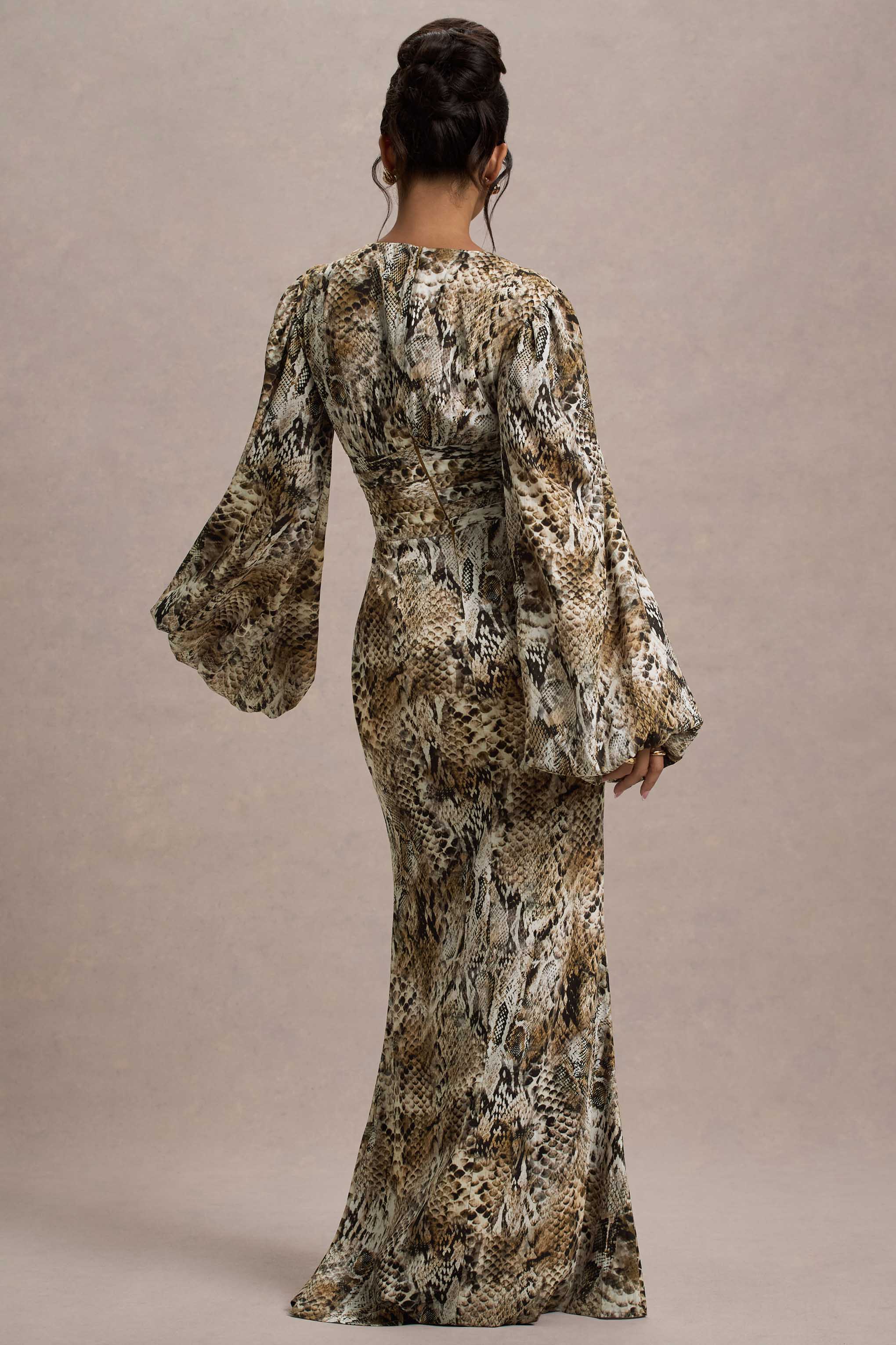 Snake Print V-Neck Balloon Sleeve Maxi Dress