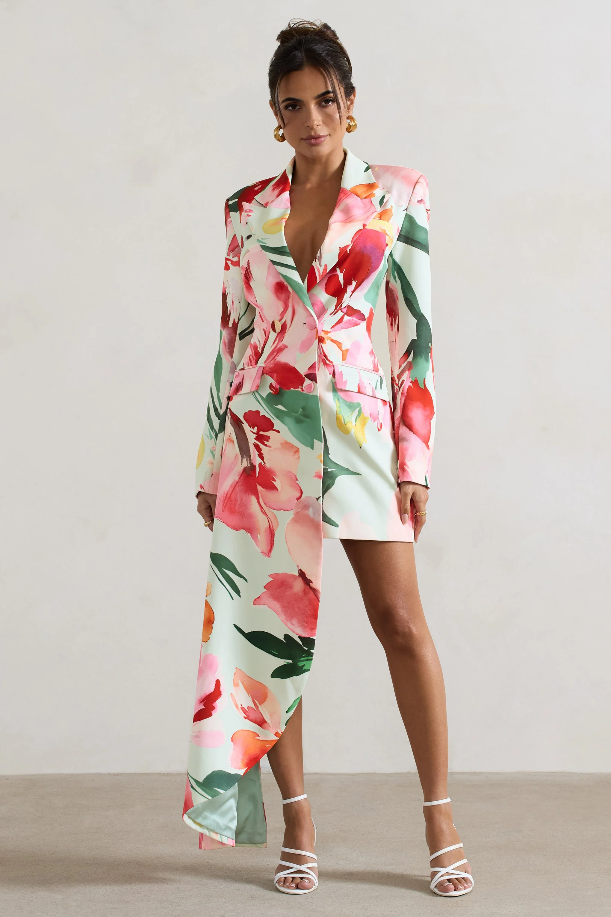 Mint Floral Tailored Blazer Mini Dress With Asymmetric Hem