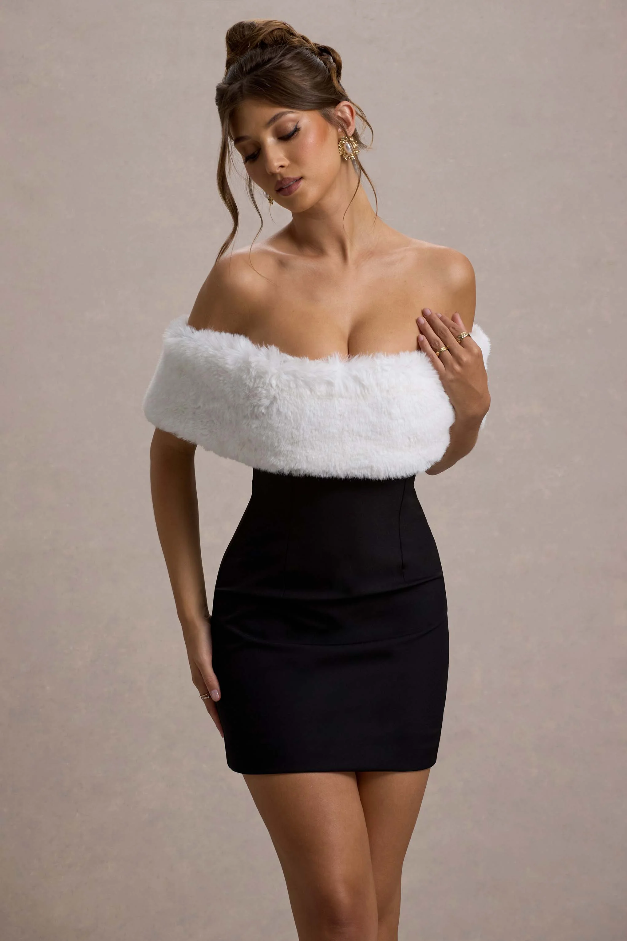 Black Bardot Mini Dress With White Fur Trim