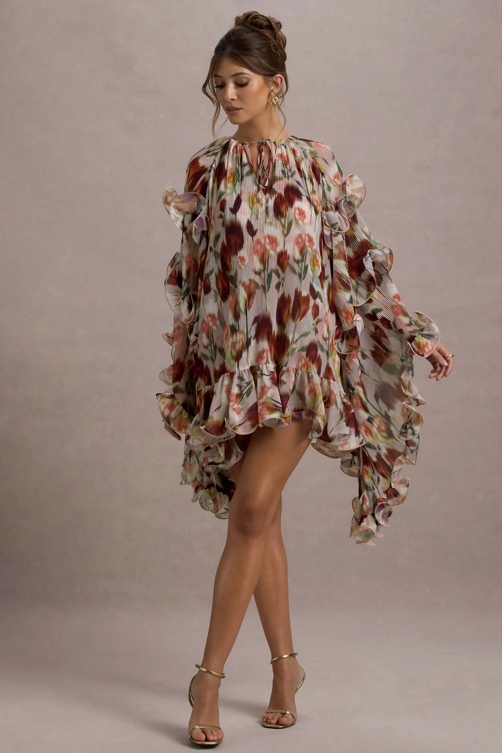Cream Floral Print High-Neck Cape-Sleeve Chiffon Mini Dress