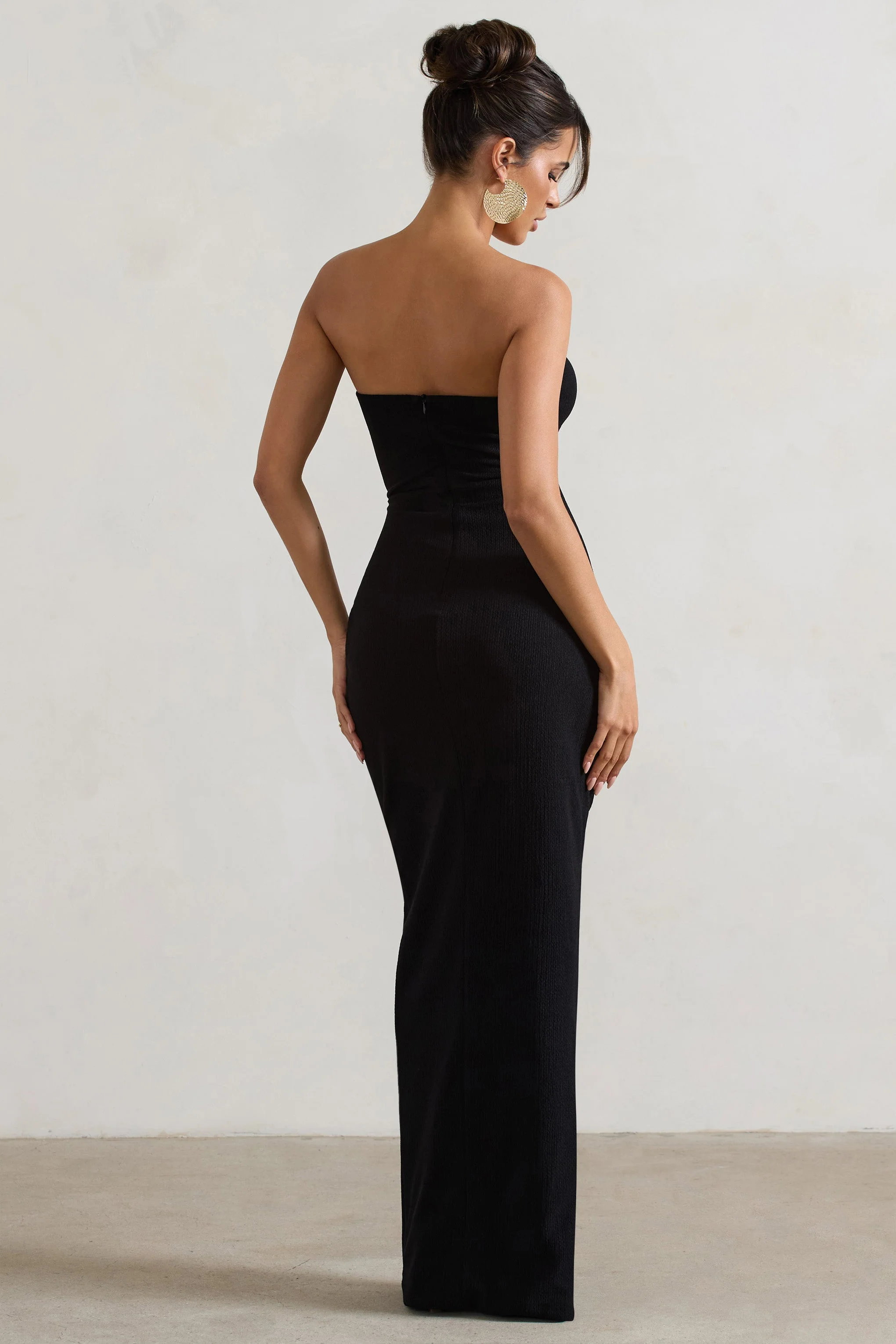 Black Crinkle Strapless Cut-Out Maxi Dress With Twist
