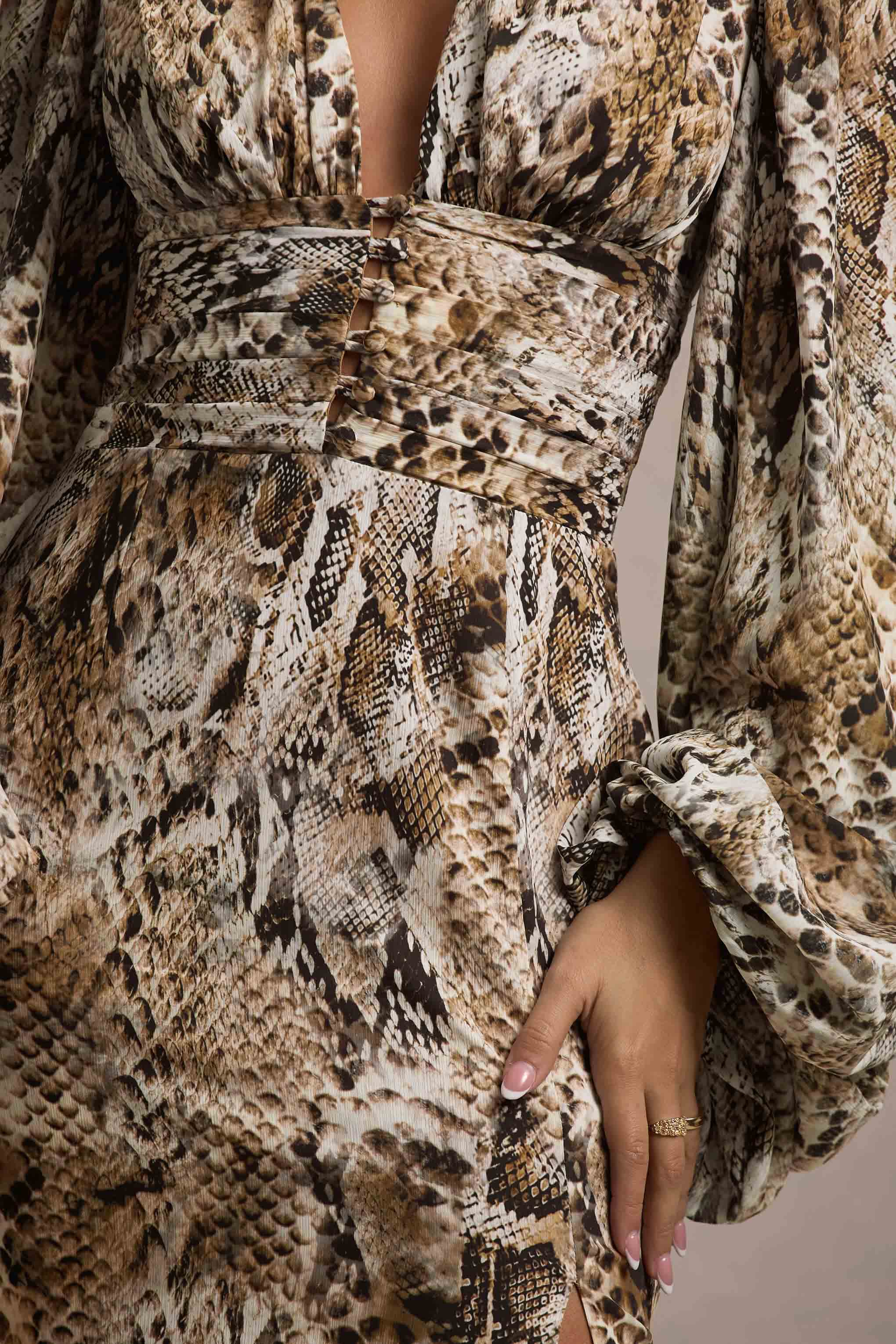 Snake Print V-Neck Balloon Sleeve Maxi Dress