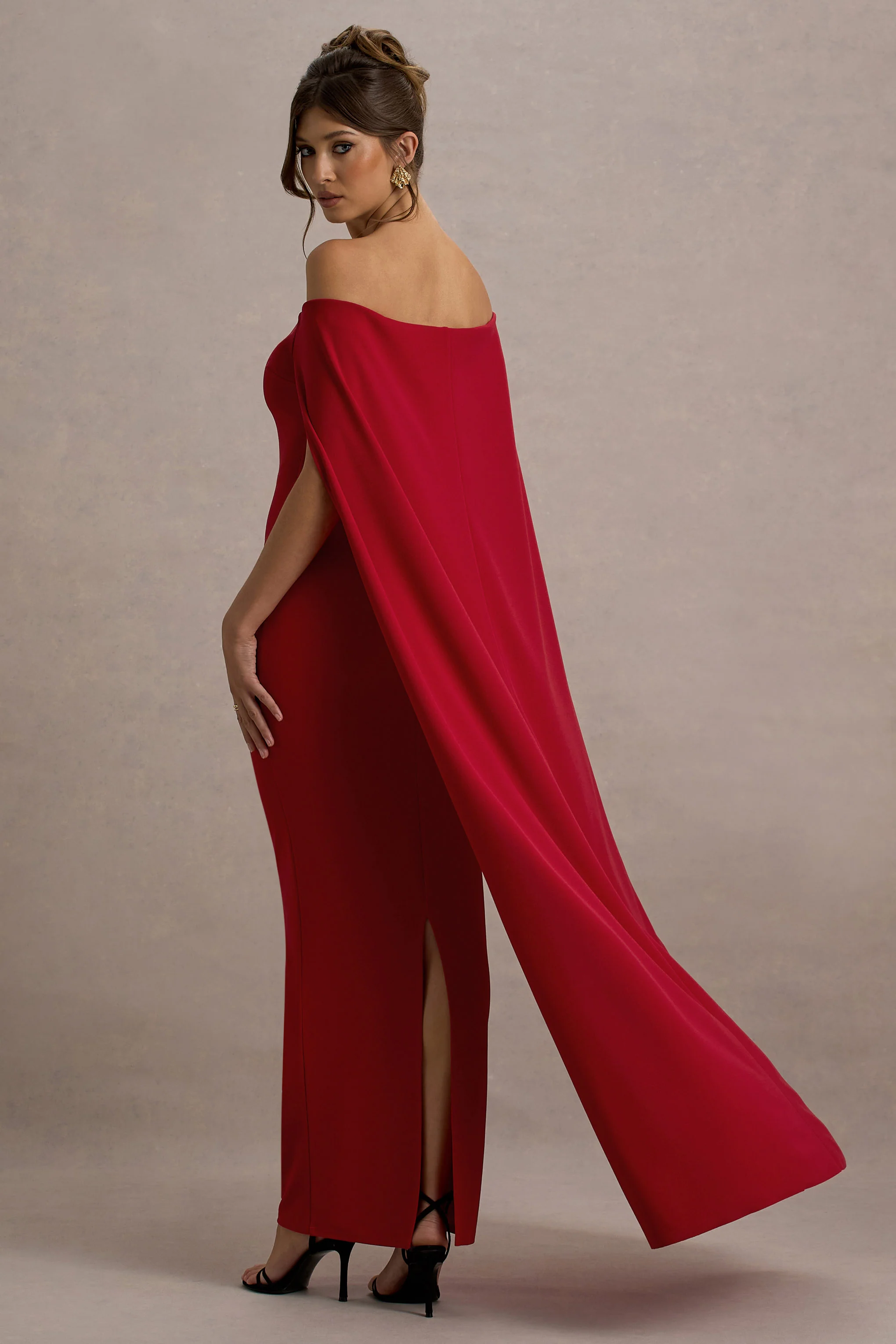 Red Bardot Cape Maxi Dress