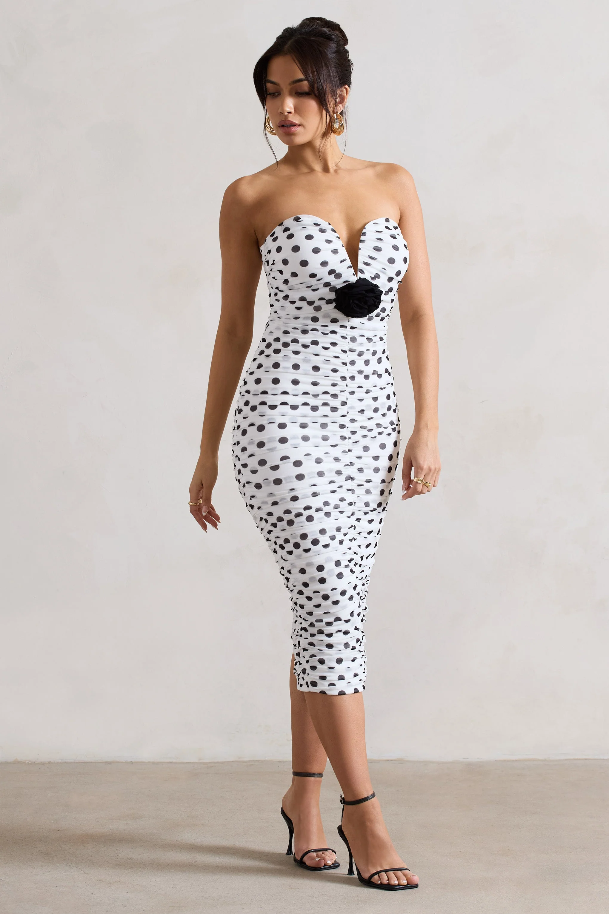 White Polka Dot Ruched Mesh Midi Dress With Corsage