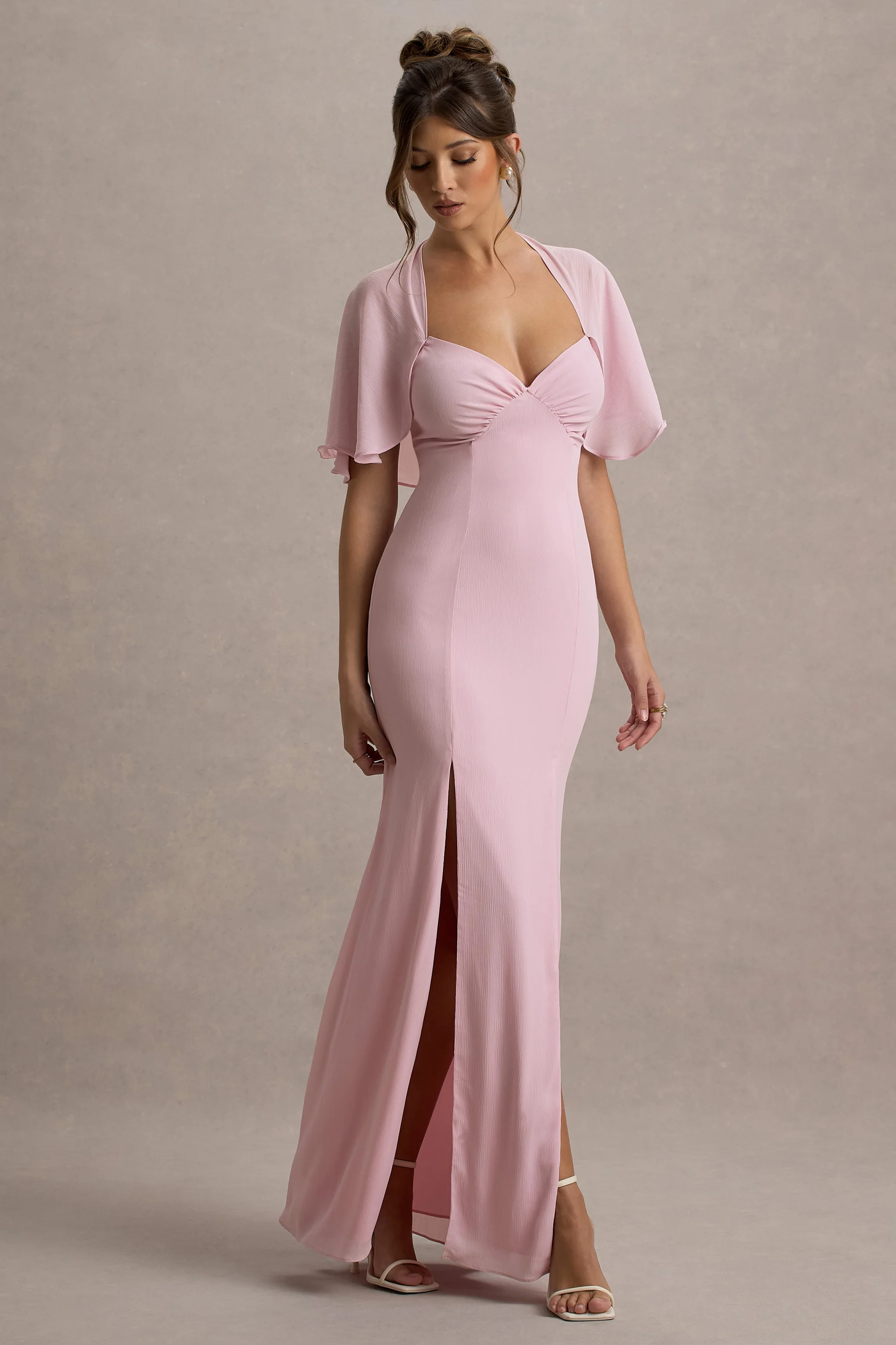 Pale Pink Plunge-Neck Maxi Dress With High Front Split