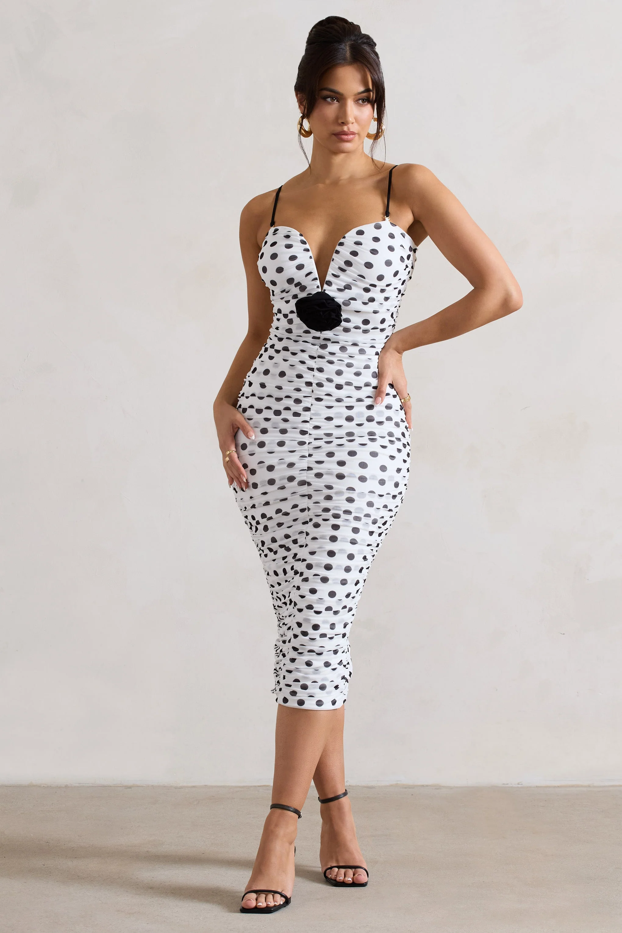 White Polka Dot Ruched Mesh Midi Dress With Corsage