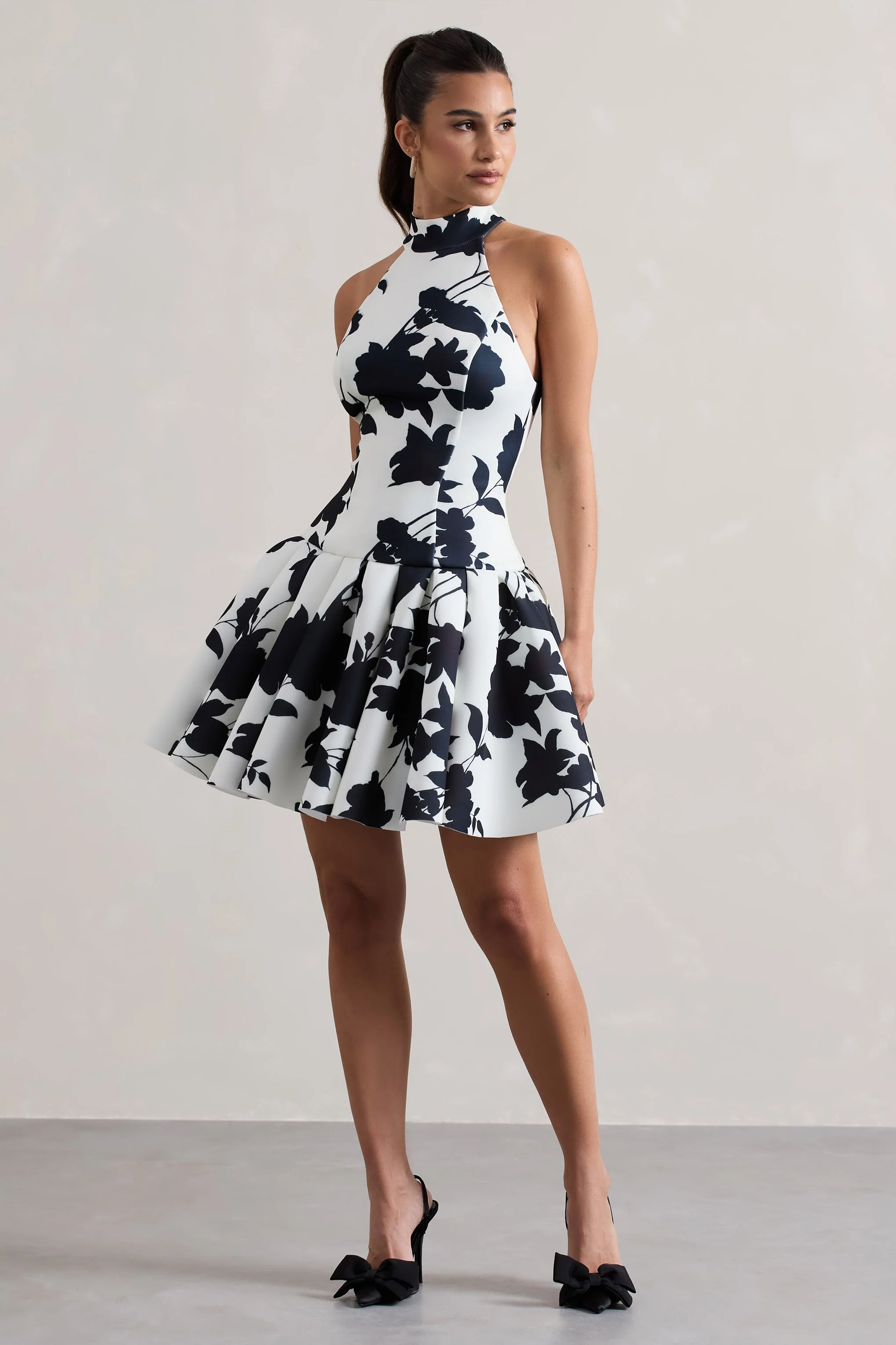 Cream Floral Print High-Neck Mini Dress With Volume Hem