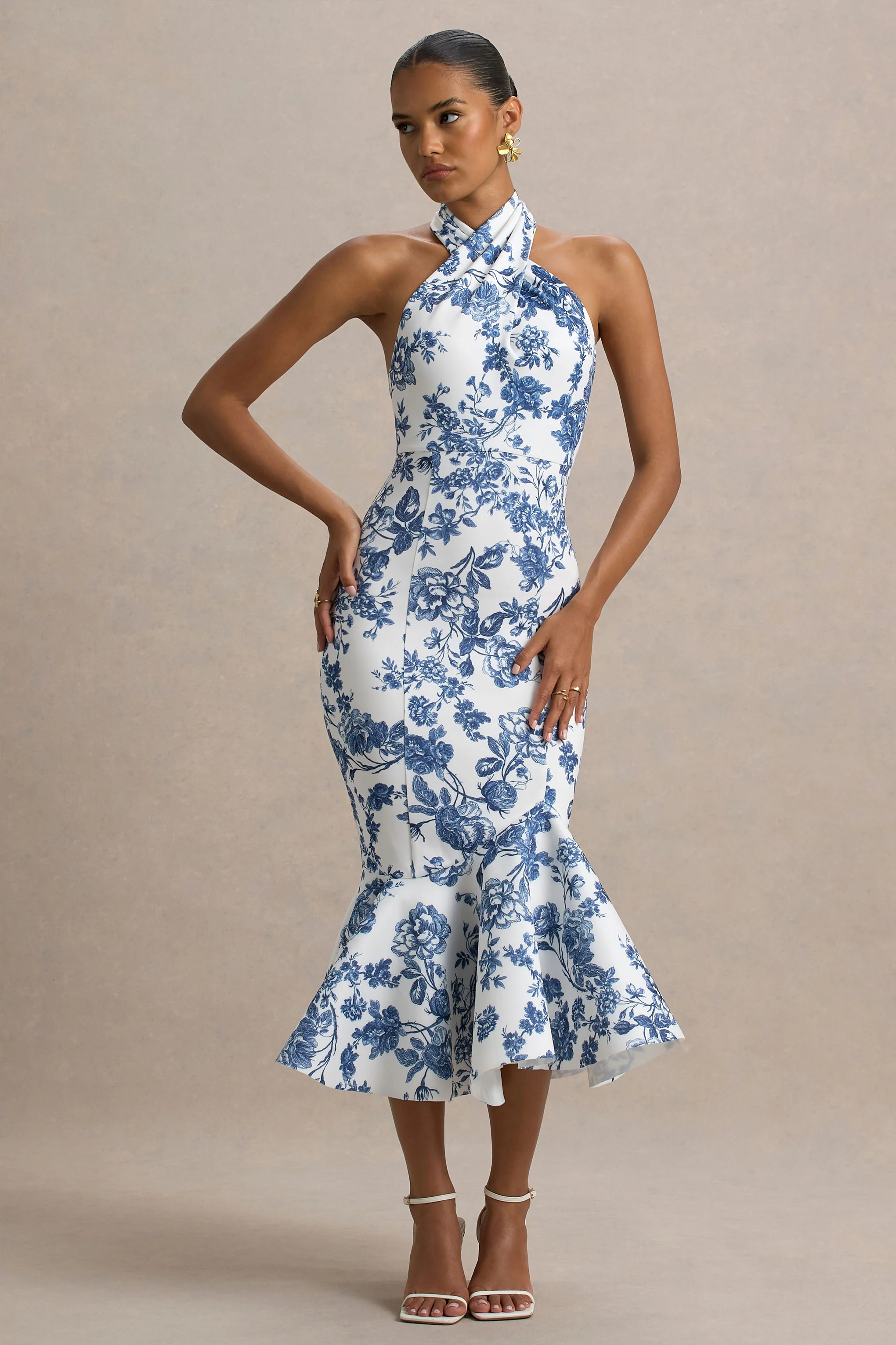 Blue Porcelain Print Halter-Neck Ruffle-Trim Midi Dress