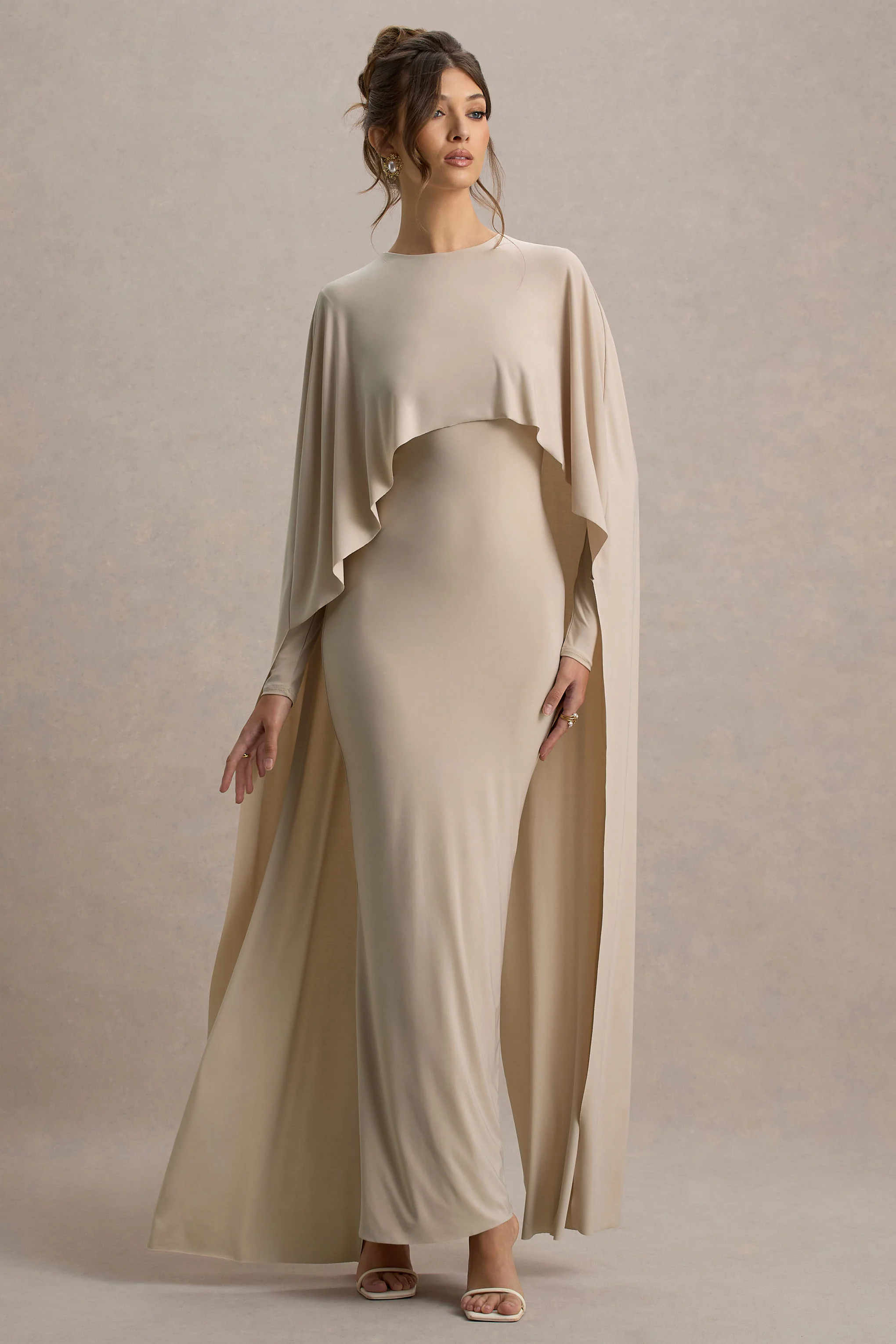 Champagne Draped Maxi Dress With Cape Sleeves