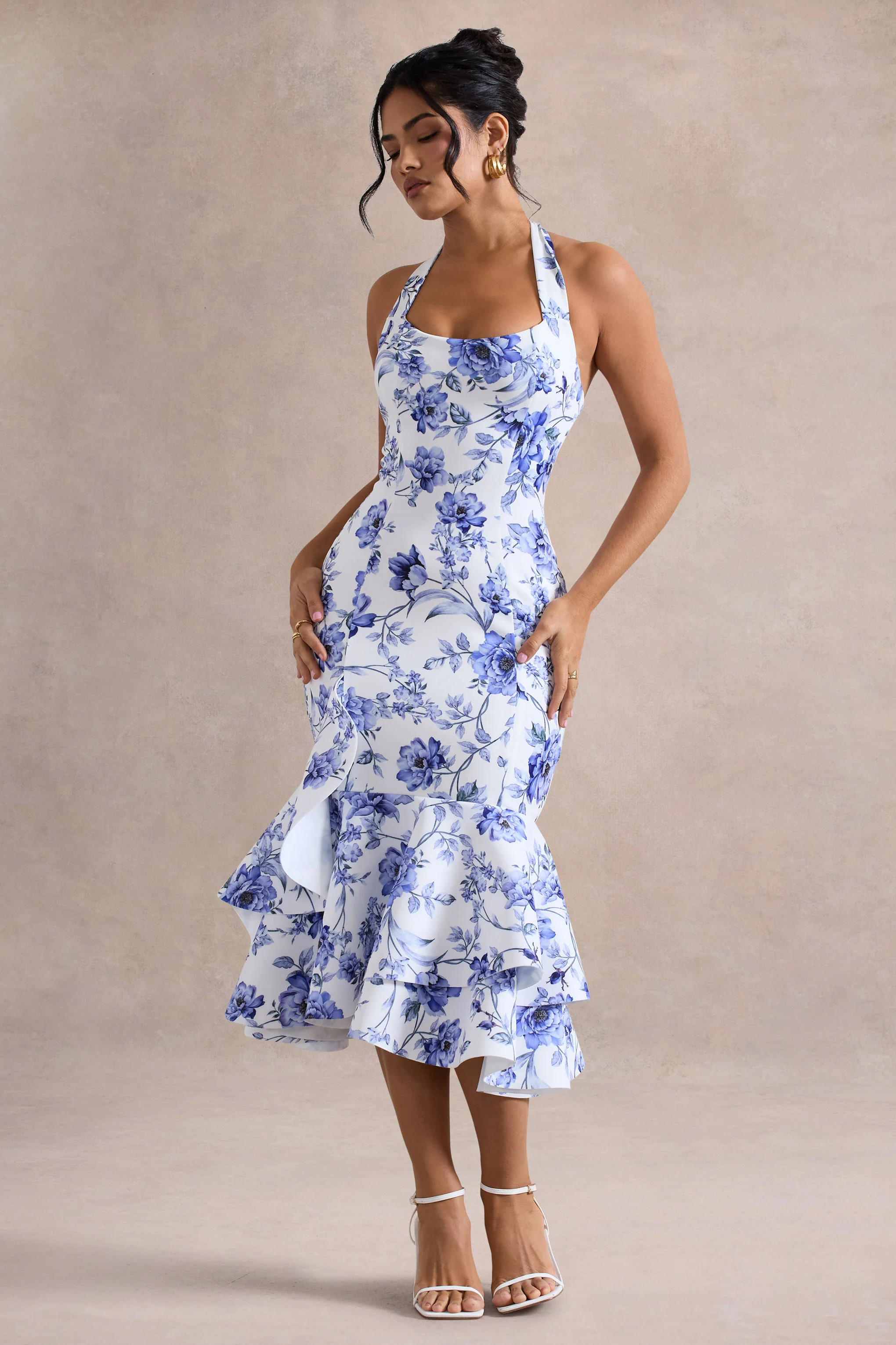Blue Floral Halter-Neck Ruffle Trim Midi Dress