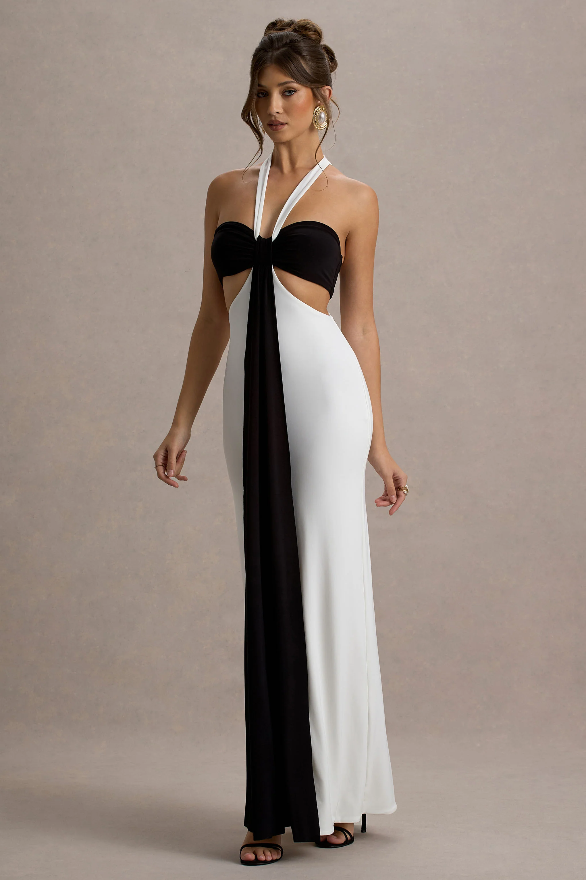 Black & White Halter-Neck Cut-Out Maxi Dress