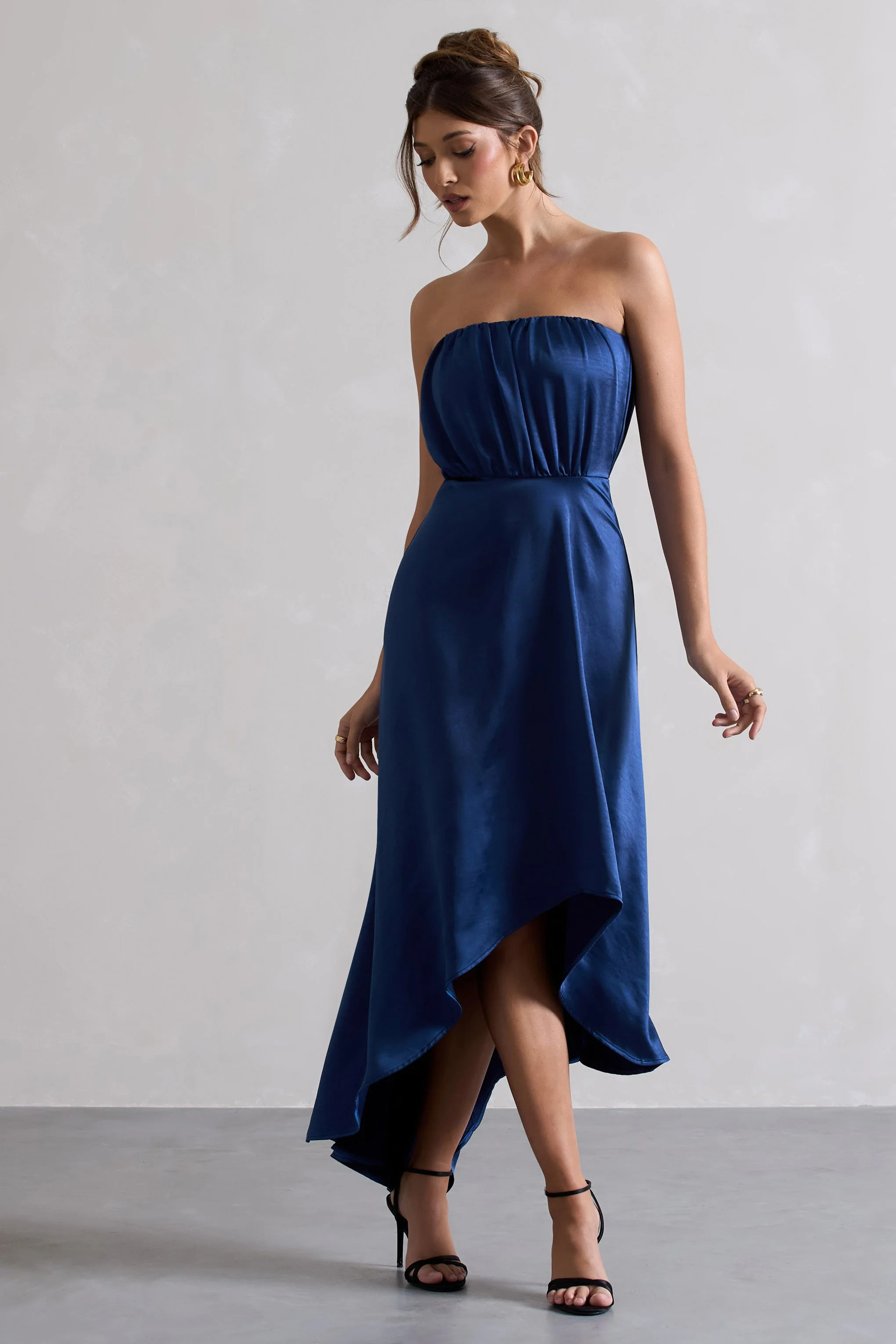 Navy Satin Bandeau Maxi Dress With Asymmetric Hem