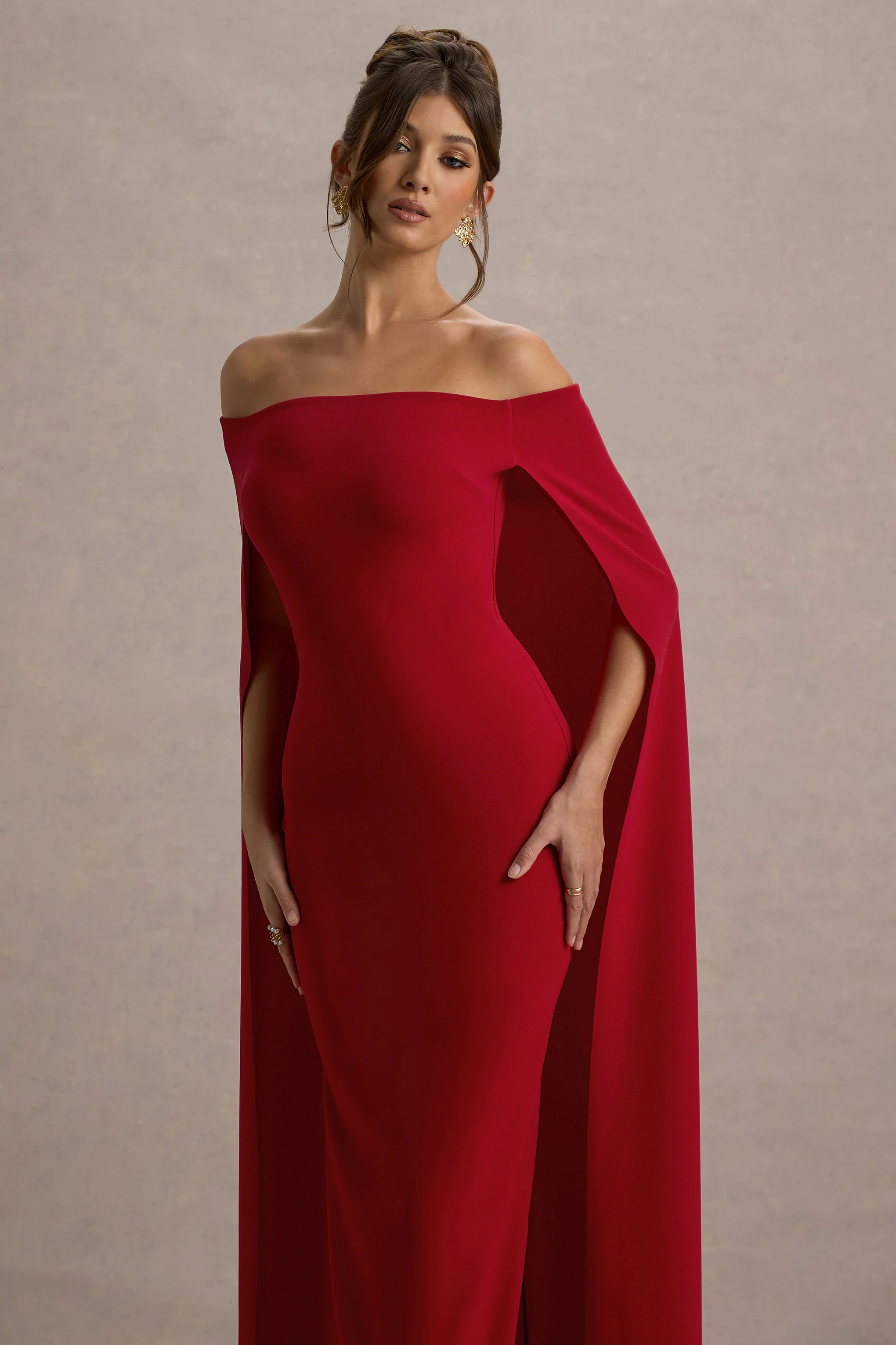 Red Bardot Cape Maxi Dress