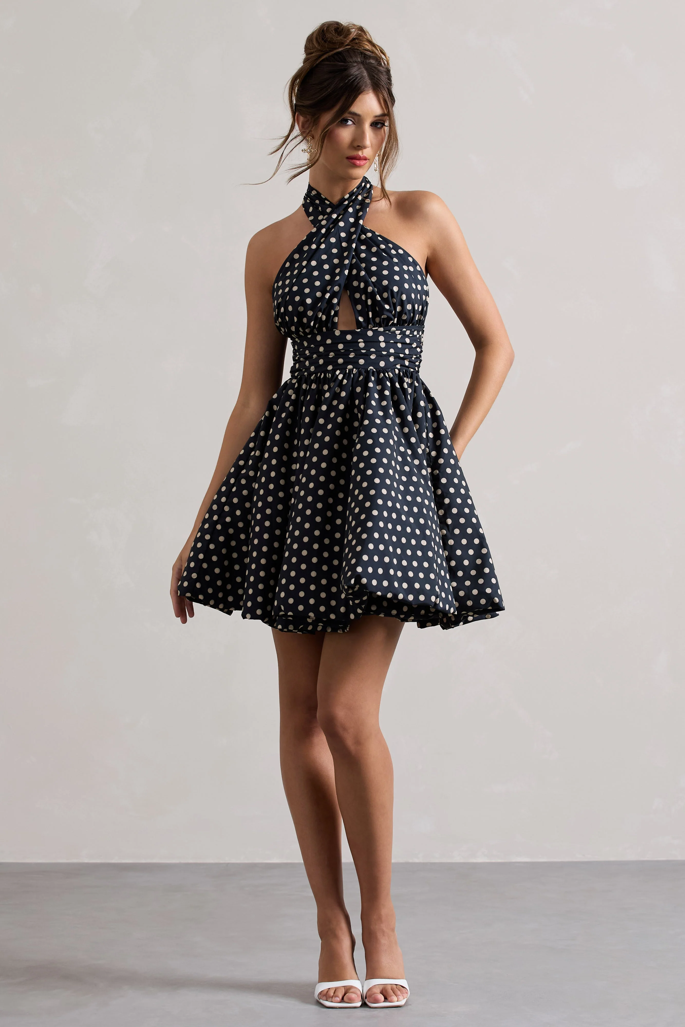 Navy Polka Dot Halter-Neck Mini Dress