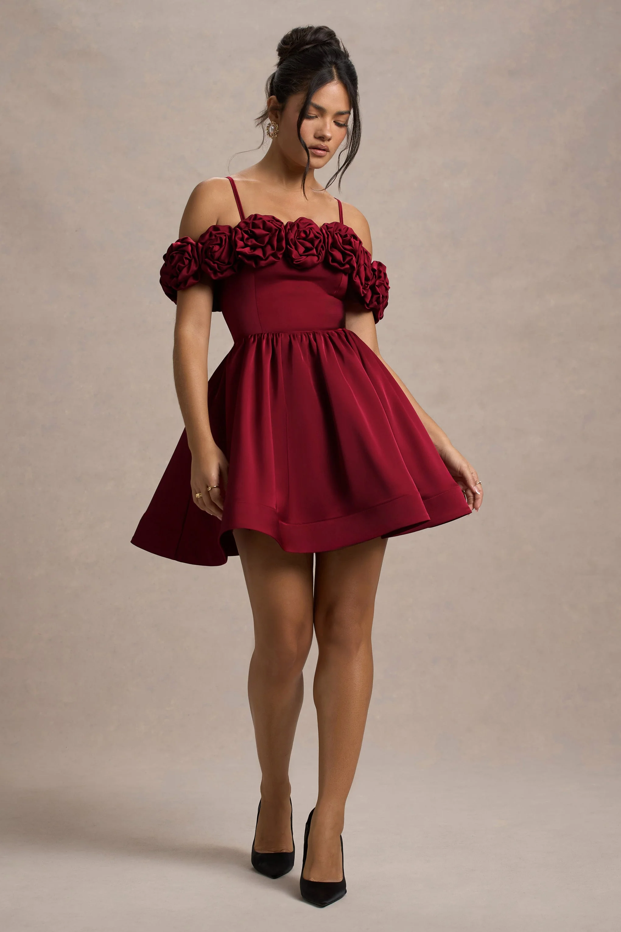 Berry Satin Floral Skater Mini Dress