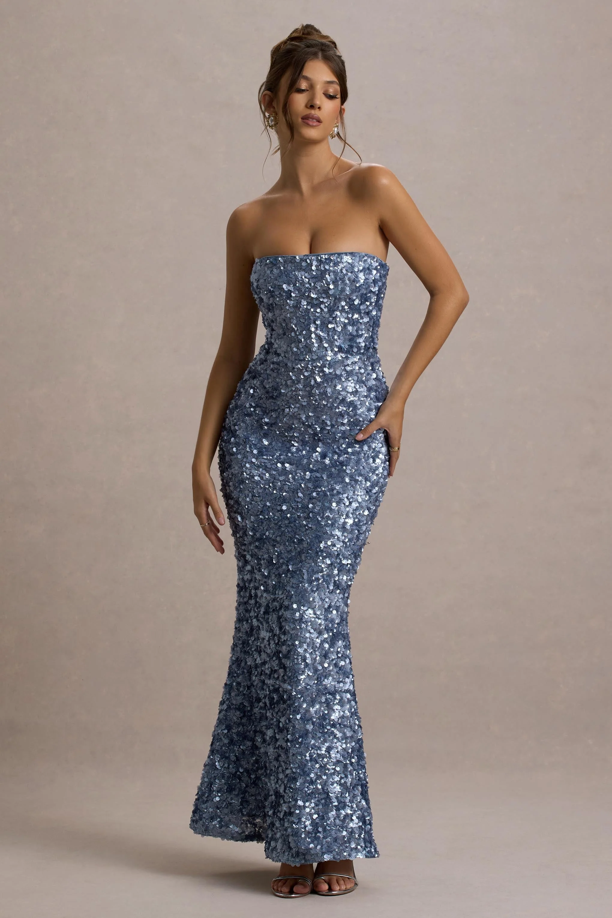 Powder Blue Sequin Strapless Maxi Dress