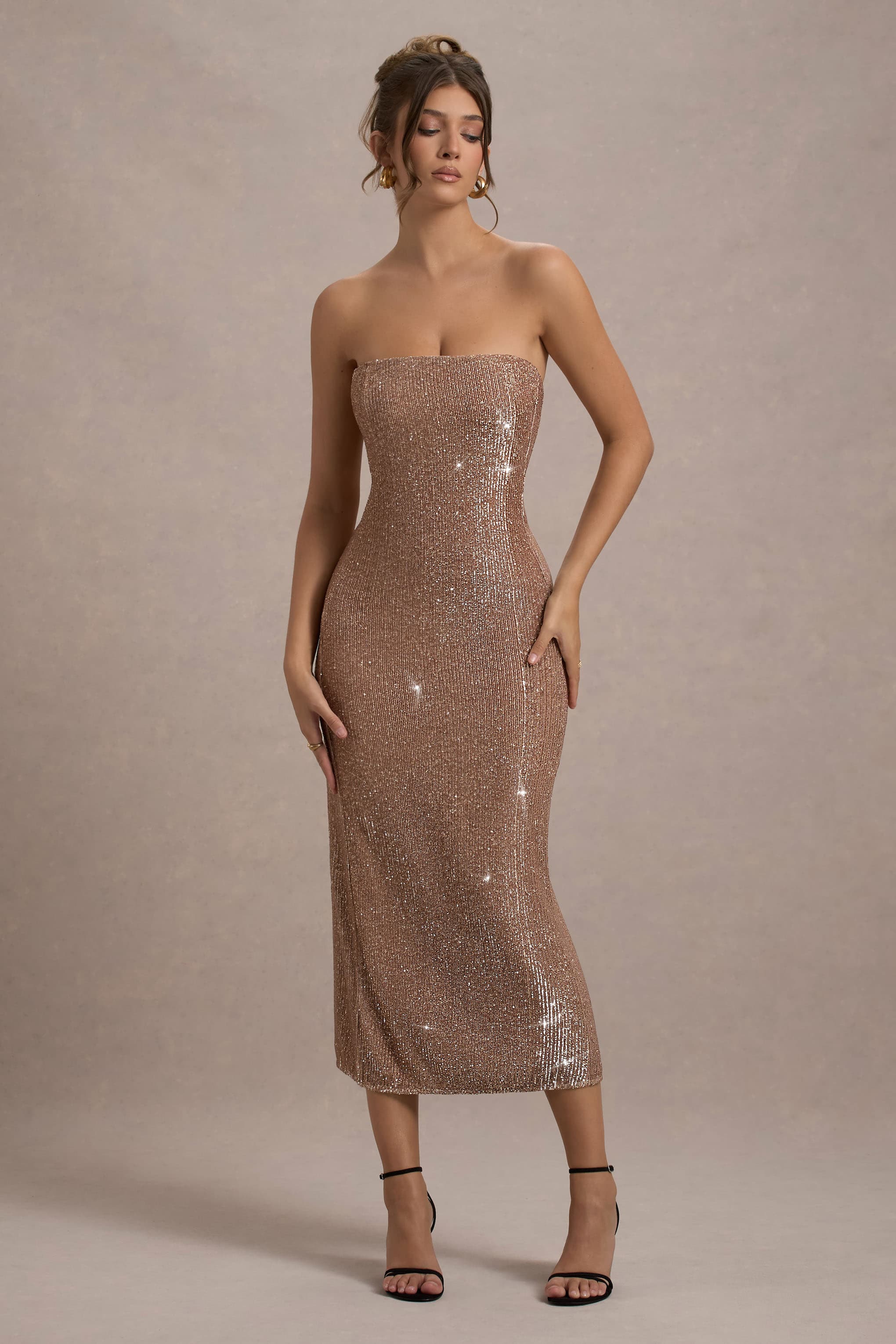 Rose Gold Plisse Sequin Bandeau Midi Dress