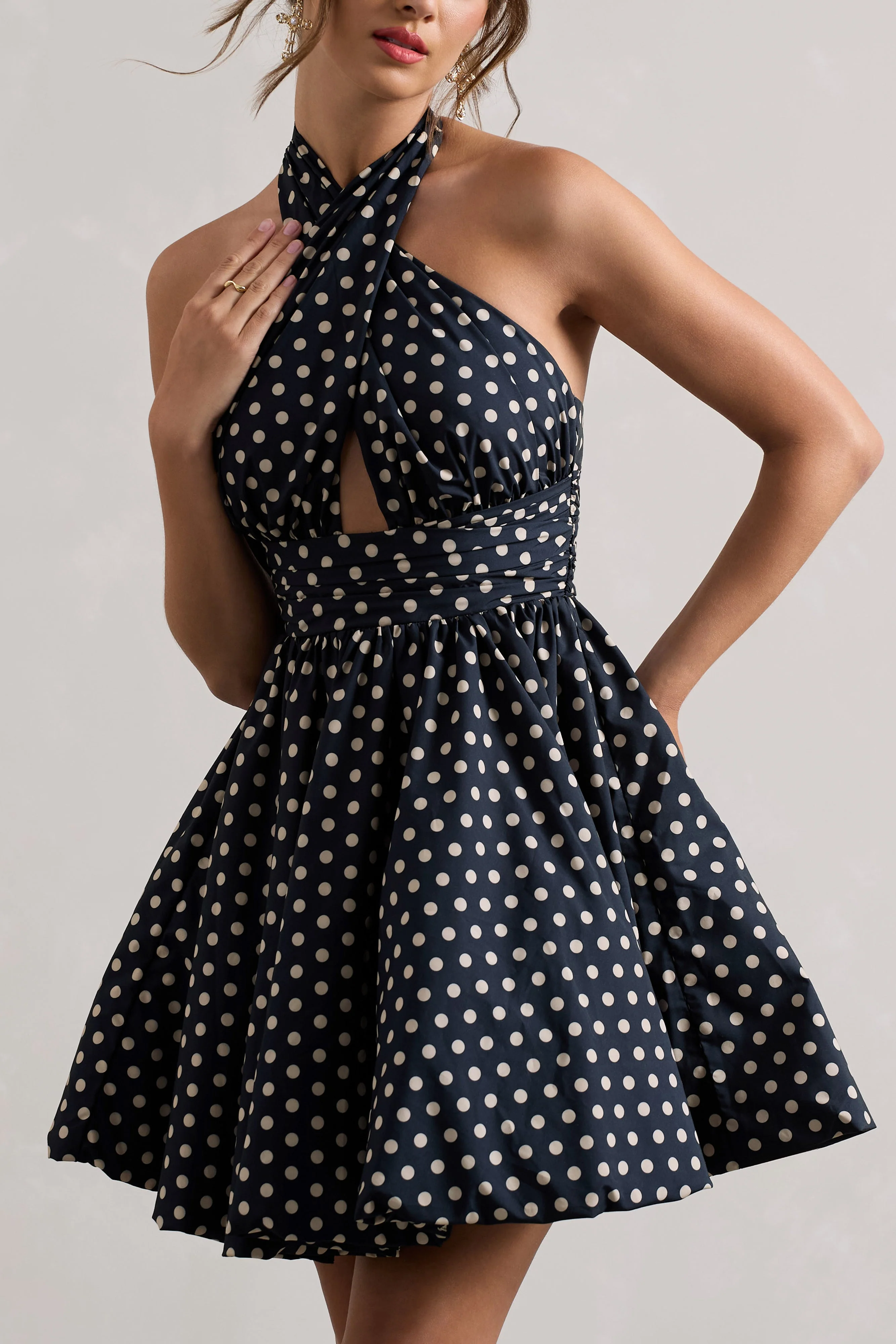 Navy Polka Dot Halter-Neck Mini Dress